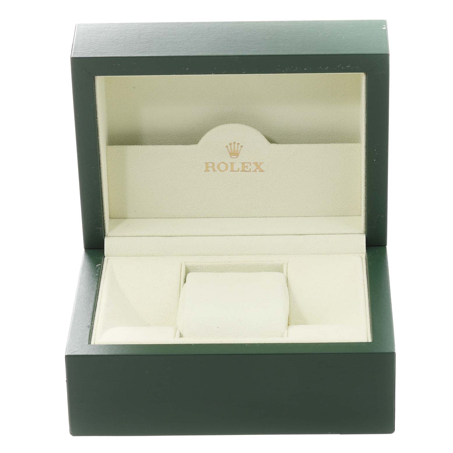 This image shows an open green Rolex box for the Cellini model, displaying the interior compartments.