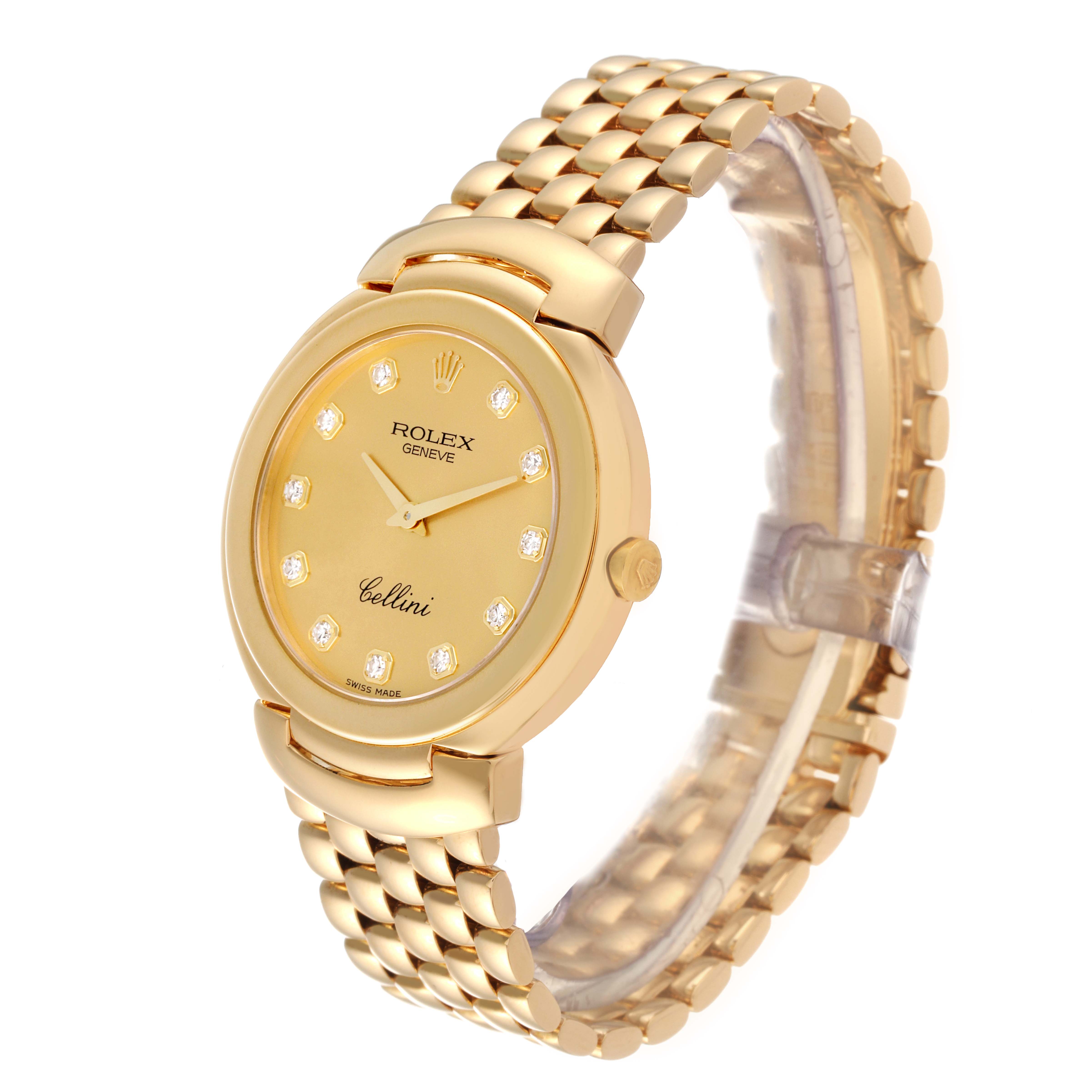 This image shows an angled side view of the Rolex Cellini 6622 Men's Yellow Gold Champagne Dial 6622 Men's Yellow Gold Champagne Dial watch, highlighting the gold bracelet, crown, and dial details.