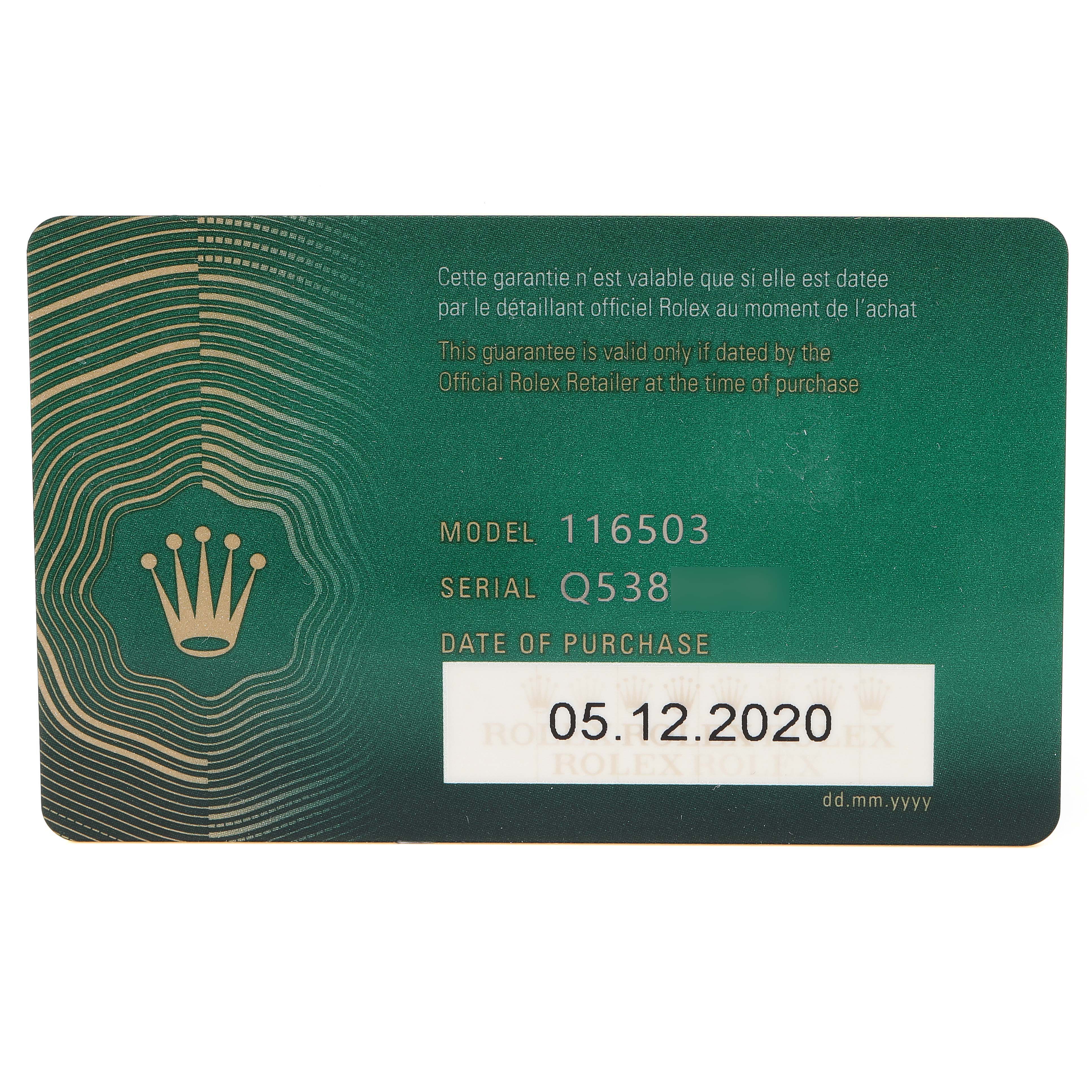 This image shows a warranty card for a Rolex Daytona 116503 Men's Steel and Gold (two tone) Champagne Dial 116503 Men's Steel and Gold (two tone) Champagne Dial model 116503 with a purchase date of 05.12.2020.