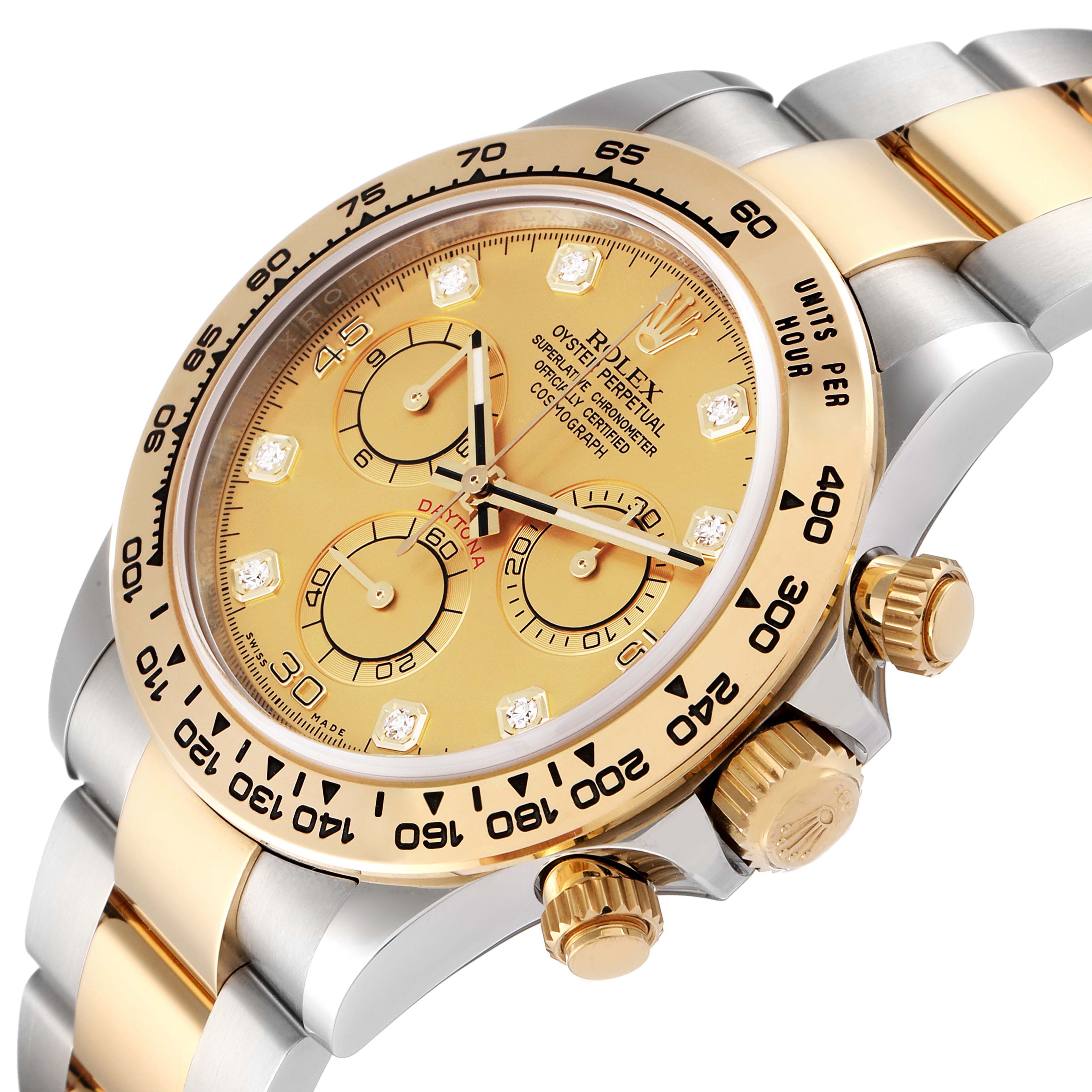 The image shows a close-up view of the dial, bezel, crown, and part of the bracelet of the Rolex Daytona 116503 Men's Steel and Gold (two tone) Champagne Dial 116503 Men's Steel and Gold (two tone) Champagne Dial watch.