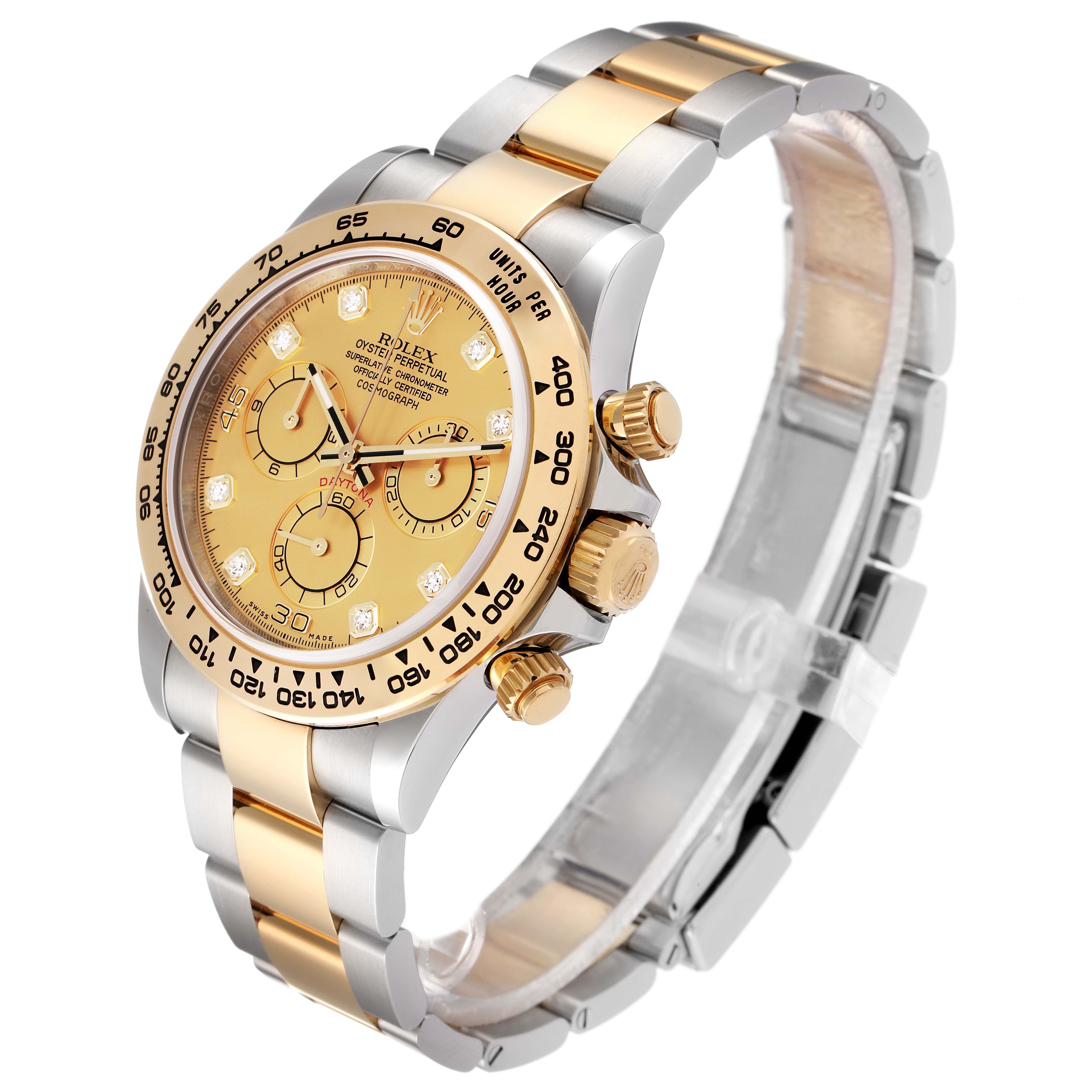 This Rolex Daytona 116503 Men's Steel and Gold (two tone) Champagne Dial 116503 Men's Steel and Gold (two tone) Champagne Dial watch is shown at a slight angle, highlighting the dial, bezel, crown, pushers, and bracelet.