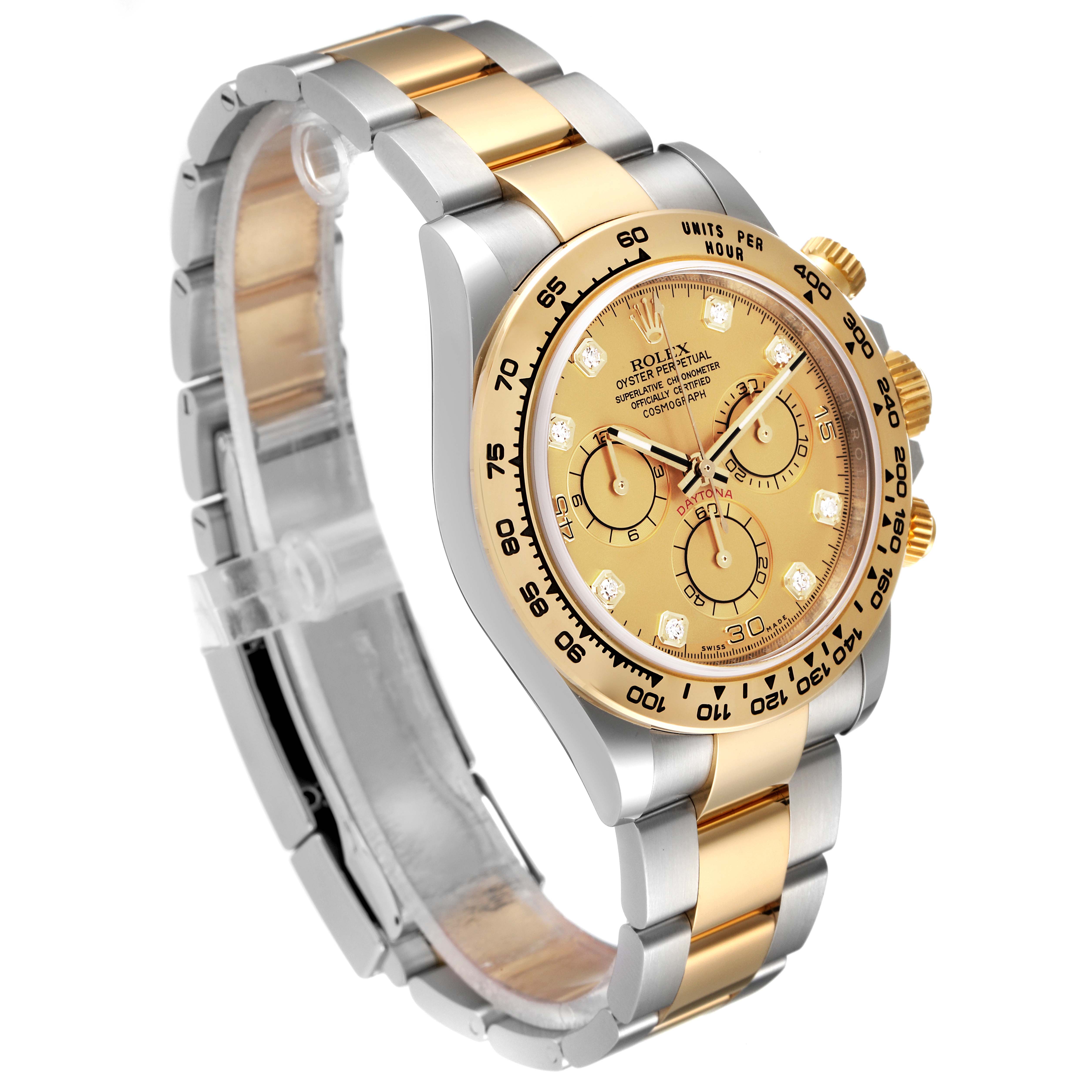 The image shows a Rolex Daytona 116503 Men's Steel and Gold (two tone) Champagne Dial 116503 Men's Steel and Gold (two tone) Champagne Dial watch at an angled view, highlighting its two-tone bracelet, bezel, and dial with subdials.