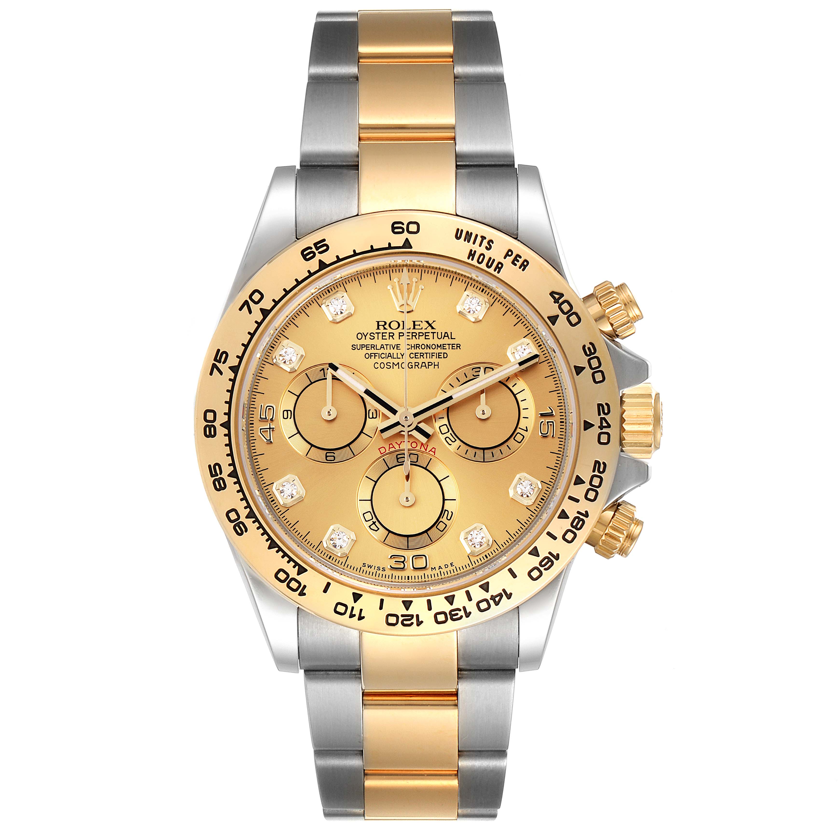 The image shows a front view of the Rolex Daytona 116503 Men's Steel and Gold (two tone) Champagne Dial 116503 Men's Steel and Gold (two tone) Champagne Dial watch, highlighting its gold and silver case and bracelet, and detailing its dial and subdials.