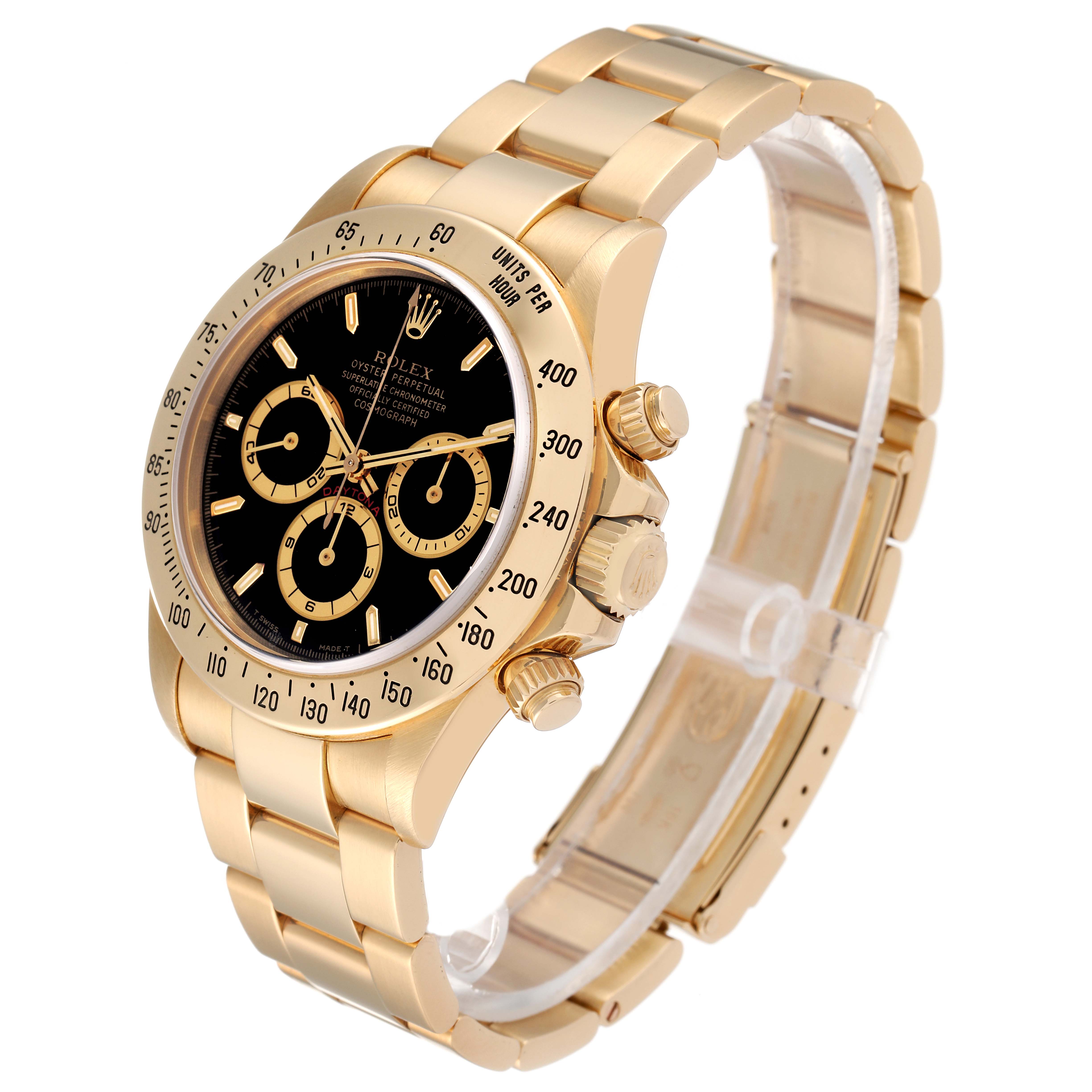The Rolex Daytona 16528 Men's Yellow Gold Black Dial 16528 Men's Yellow Gold Black Dial watch is shown at an angle highlighting the face, bezel, case, crown, and part of the bracelet.