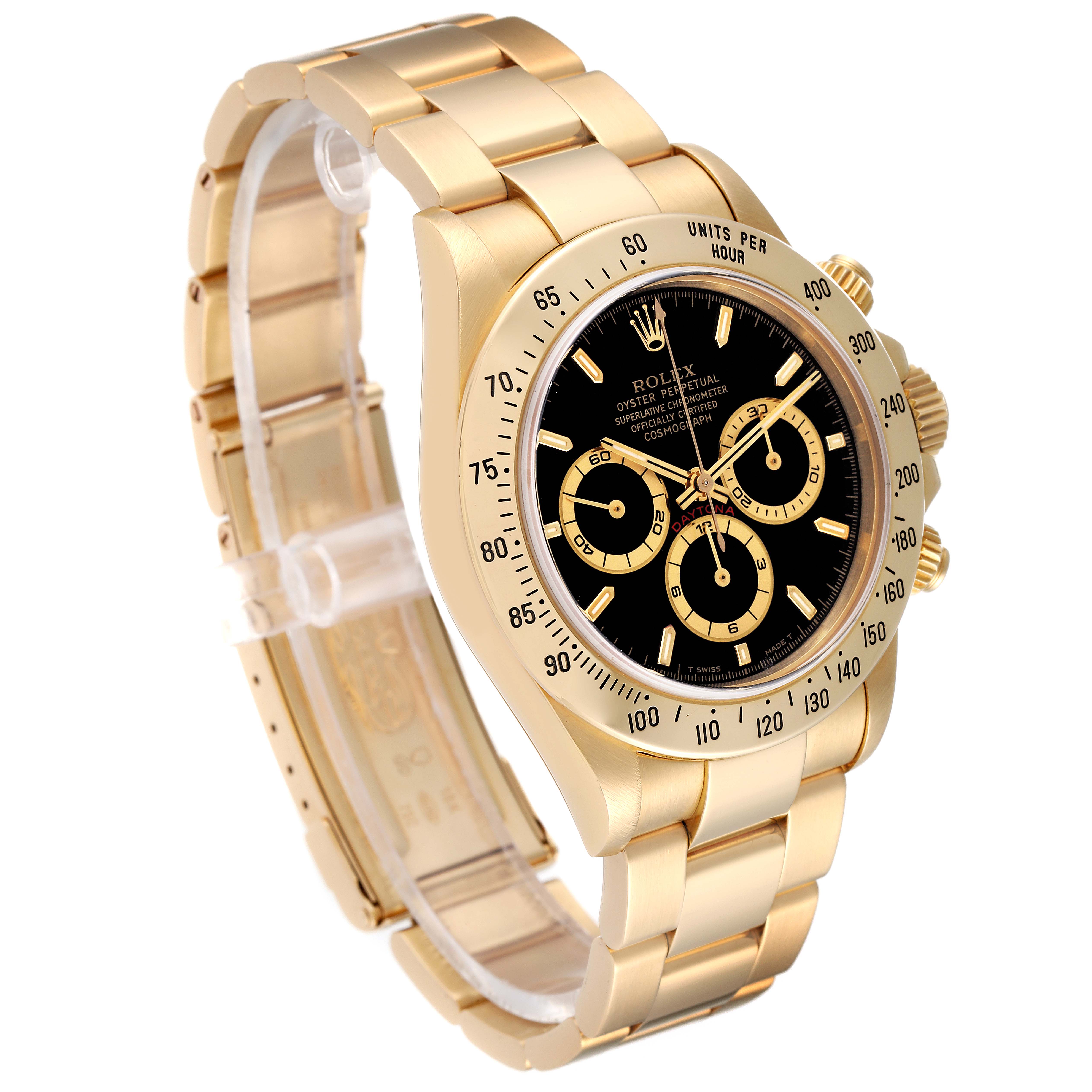 The Rolex Daytona 16528 Men's Yellow Gold Black Dial 16528 Men's Yellow Gold Black Dial watch is shown at an angle displaying its bracelet, bezel, and black dial with three subdials.