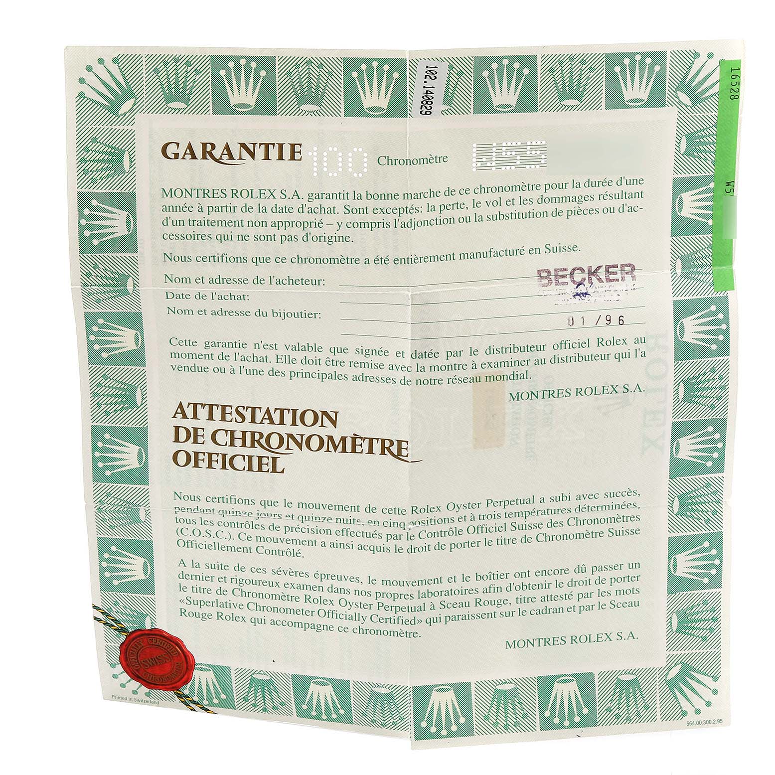 The image shows a warranty card for a Rolex Daytona 16528 Men's Yellow Gold Black Dial 16528 Men's Yellow Gold Black Dial watch.