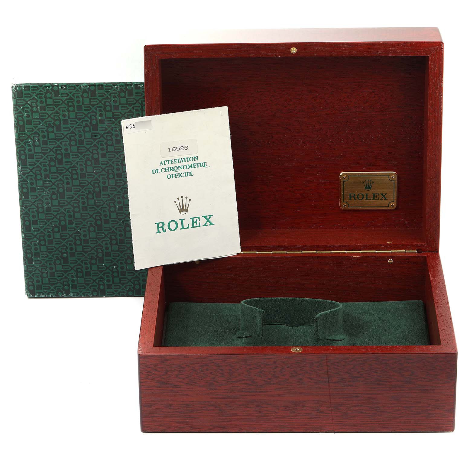 The image shows an open Rolex Daytona 16528 Men's Yellow Gold Black Dial 16528 Men's Yellow Gold Black Dial watch box with documentation, without the watch inside.