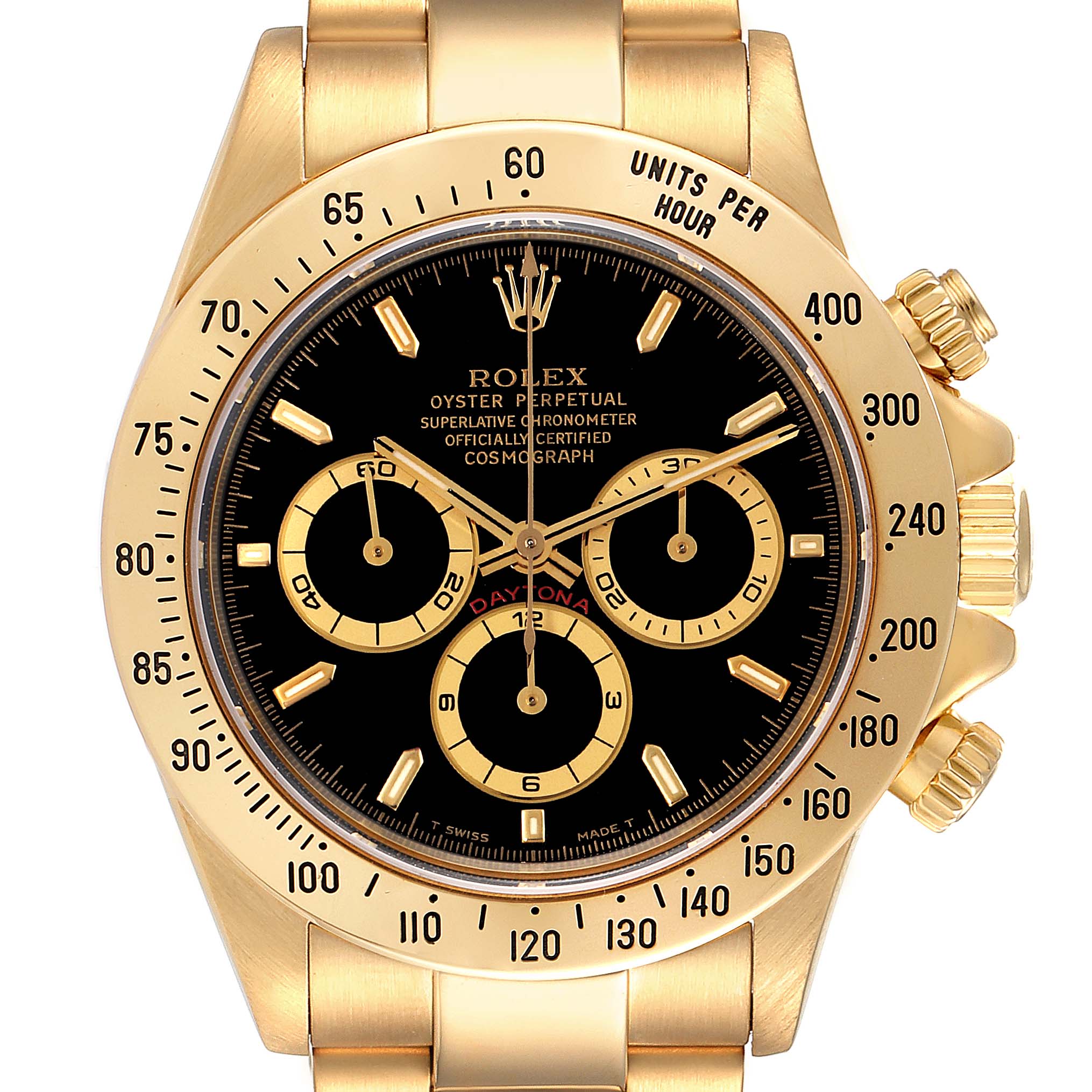 This is a front view of the Rolex Daytona 16528 Men's Yellow Gold Black Dial 16528 Men's Yellow Gold Black Dial, showcasing its face, chronograph dials, and bezel.