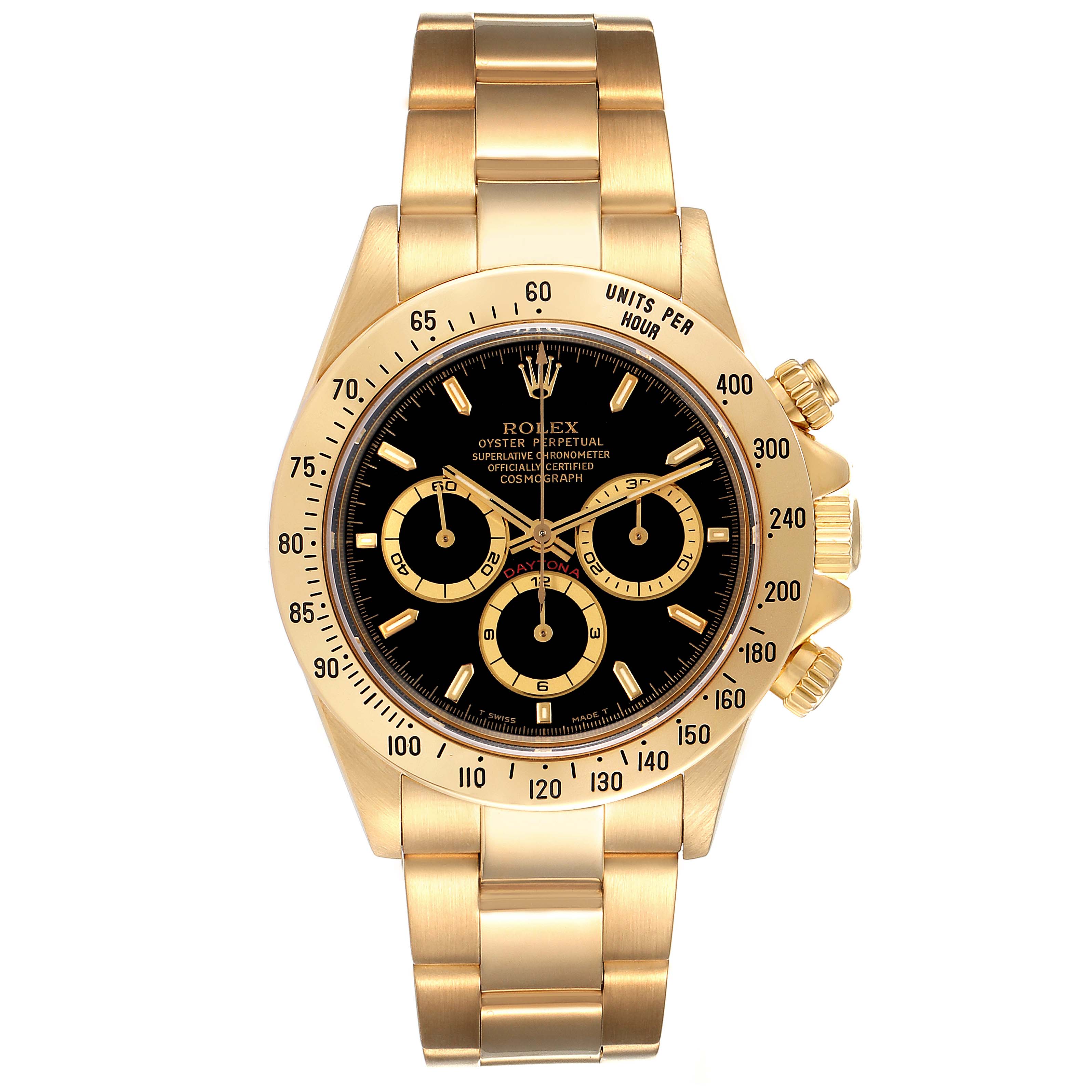 This image shows the front view of the Rolex Daytona 16528 Men's Yellow Gold Black Dial 16528 Men's Yellow Gold Black Dial watch, highlighting the dial, bezel, and bracelet.