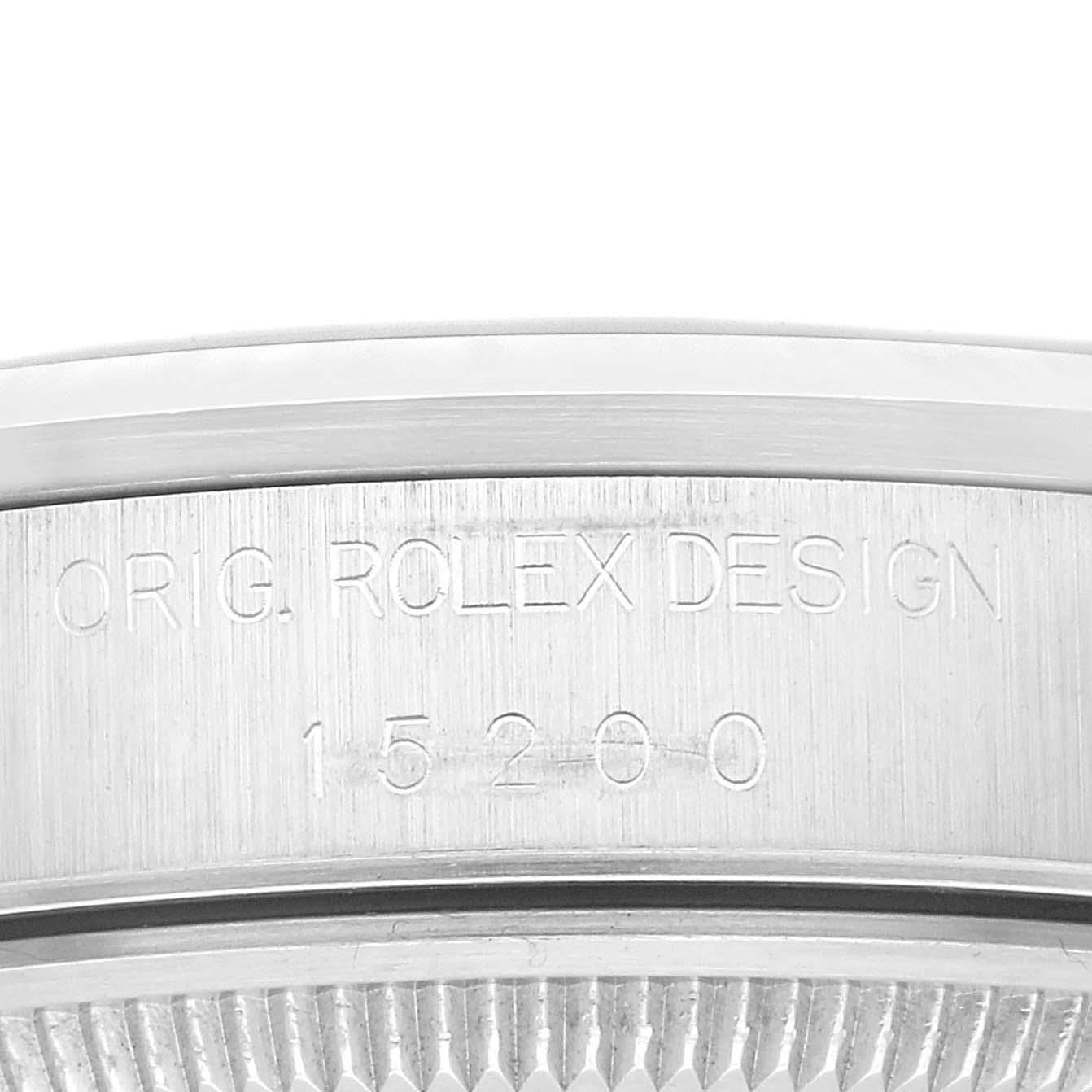This image shows a close-up of the engraved side of a Rolex Date 15200 Men
s Stainless Steel Silver Dial 15200 Men
s Stainless Steel Silver Dial model watch case.