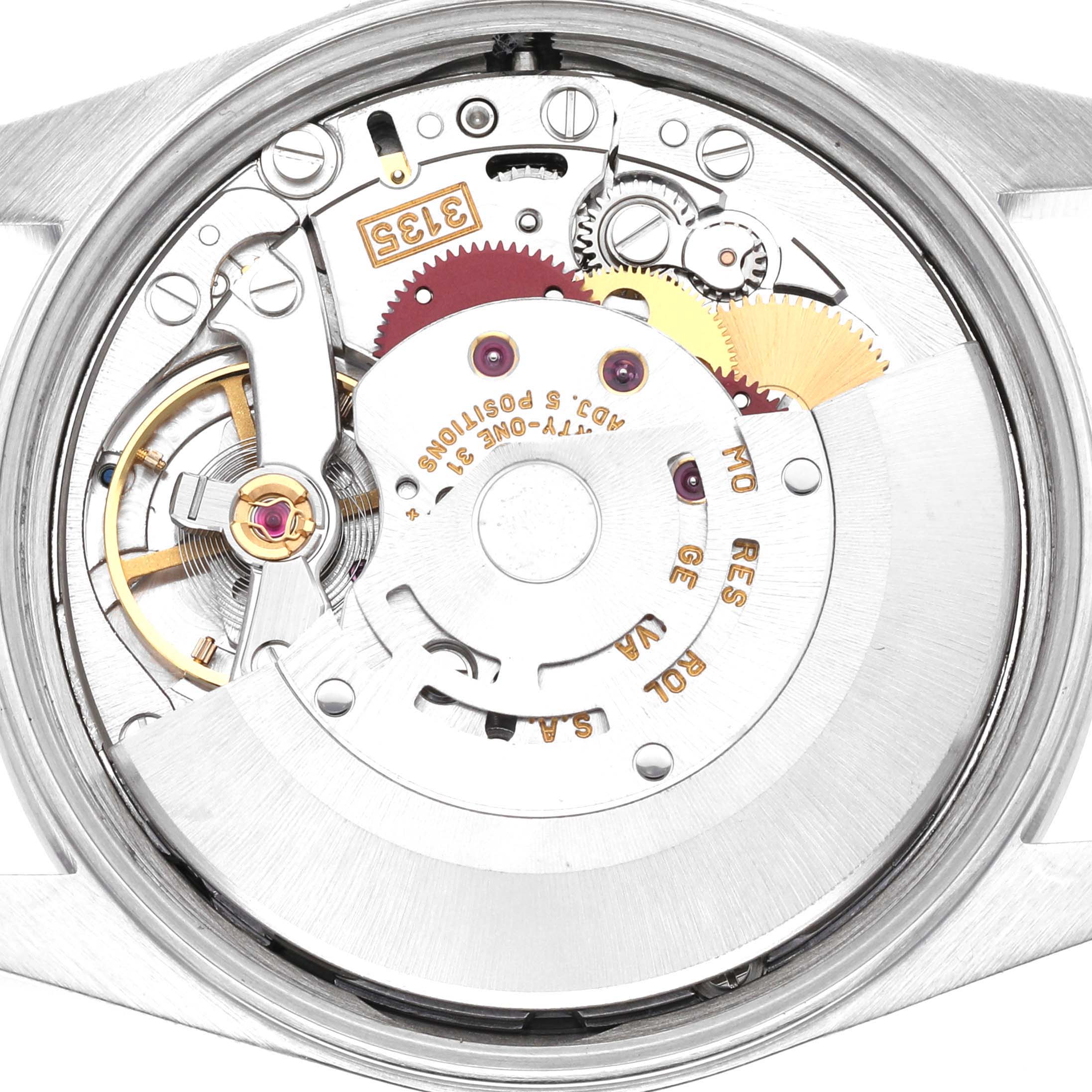 The image shows the internal mechanism and movement of a Rolex Date 15200 Men
s Stainless Steel Silver Dial 15200 Men
s Stainless Steel Silver Dial model watch, viewed from the back case.