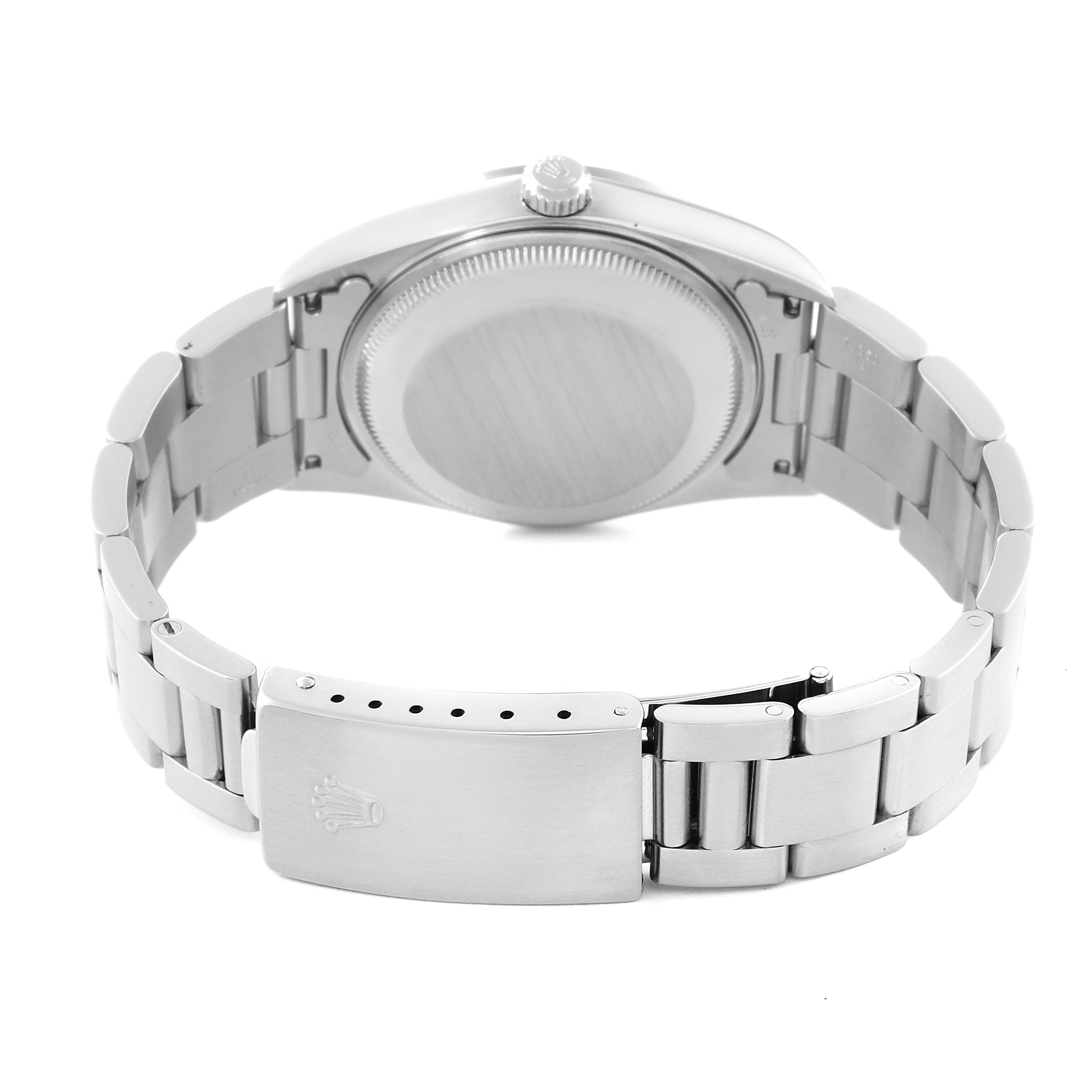 The image shows the back view of a Rolex Date 15200 Men
s Stainless Steel Silver Dial 15200 Men
s Stainless Steel Silver Dial watch, focusing on the case back and the bracelet with the clasp fully open.