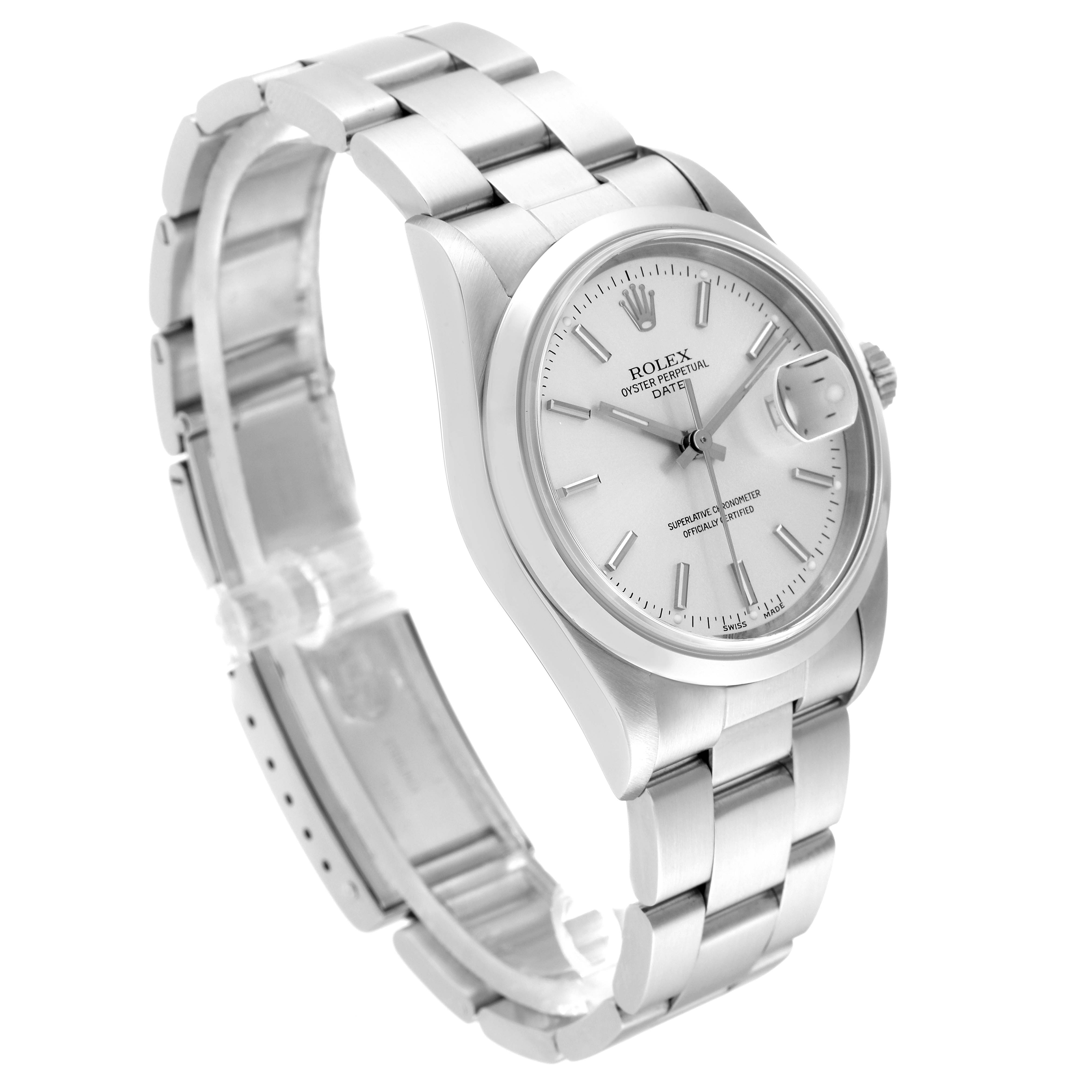 The image shows a Rolex Date 15200 Men
s Stainless Steel Silver Dial 15200 Men
s Stainless Steel Silver Dial model watch at a three-quarter angle, highlighting the dial, case, and bracelet.