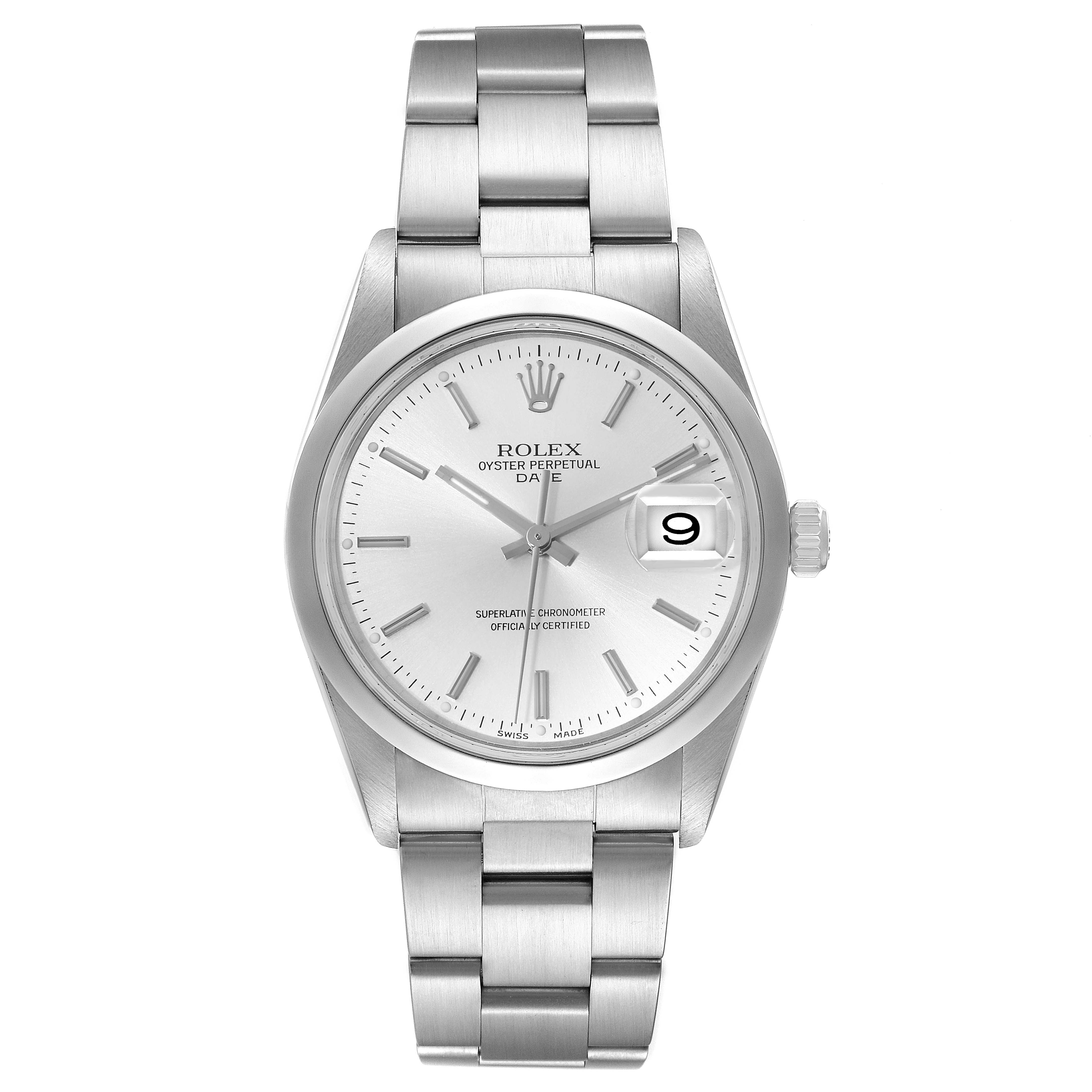 This Rolex Date 15200 Men
s Stainless Steel Silver Dial 15200 Men
s Stainless Steel Silver Dial watch is shown from a front view, displaying the dial, bracelet, and date window.