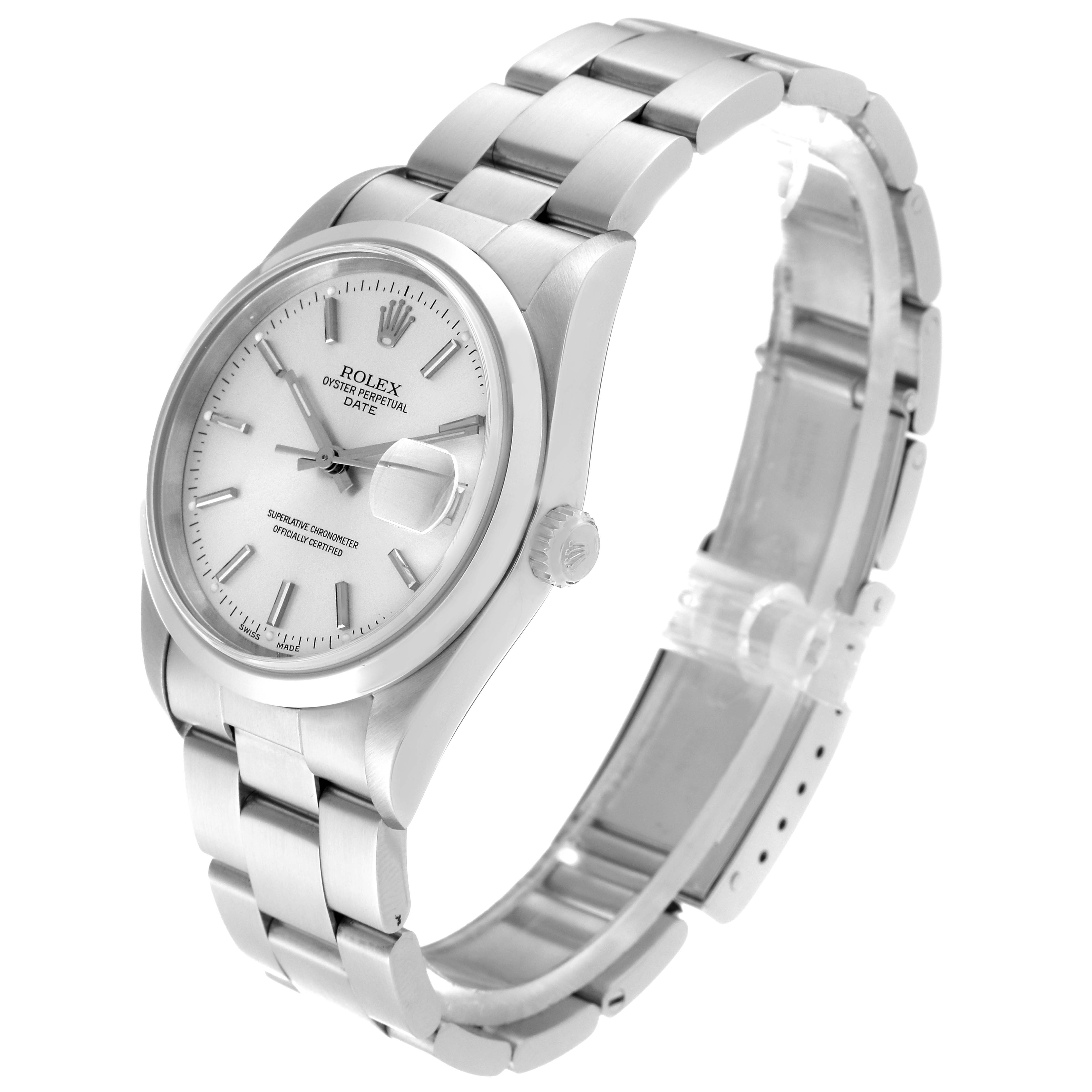 The image shows an angled top-side view of the Rolex Date 15200 Men
s Stainless Steel Silver Dial 15200 Men
s Stainless Steel Silver Dial model watch, focusing on the dial, bezel, crown, and bracelet.