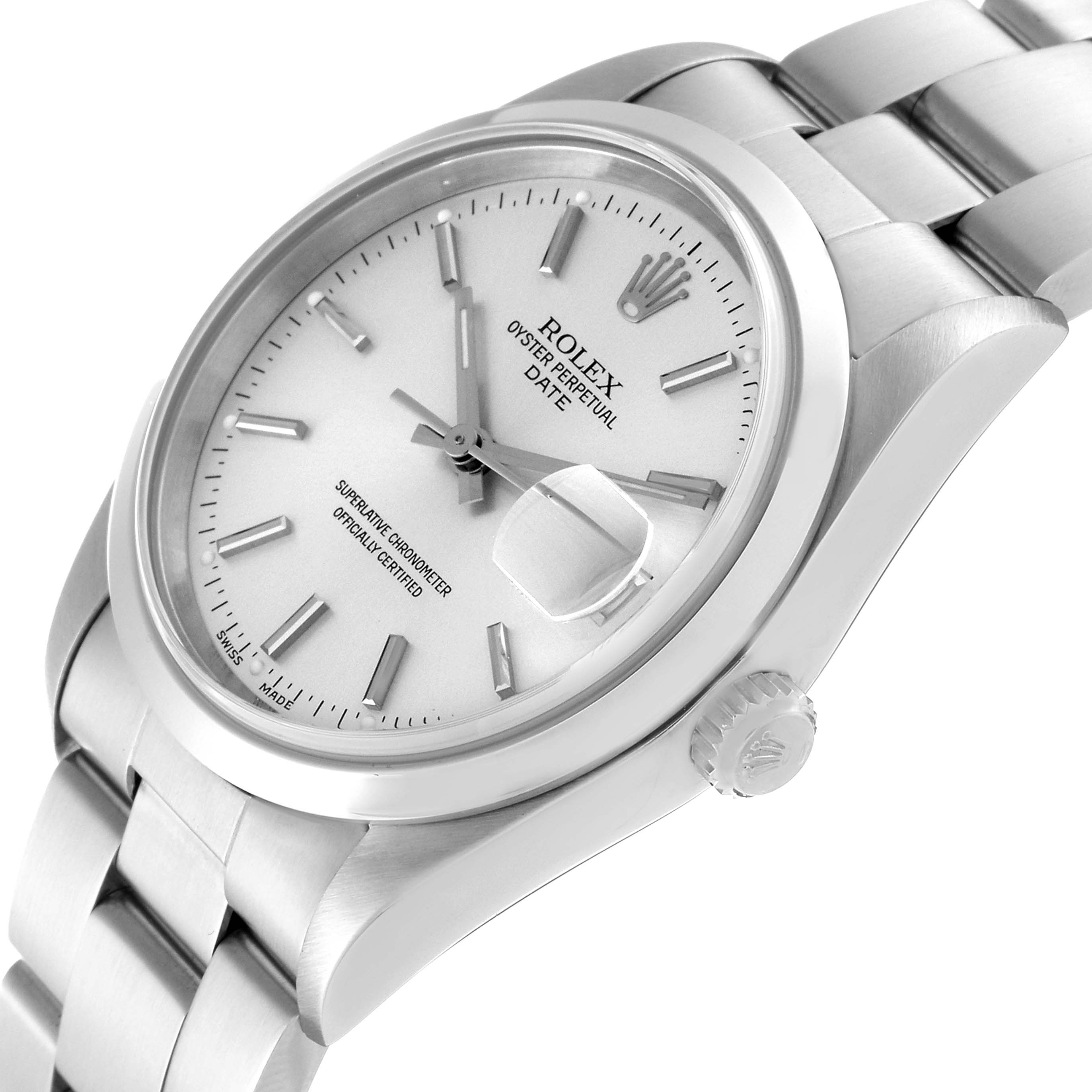 This image shows a Rolex Date 15200 Men
s Stainless Steel Silver Dial 15200 Men
s Stainless Steel Silver Dial model watch at a slight angle, highlighting the dial, bezel, crown, and part of the bracelet.