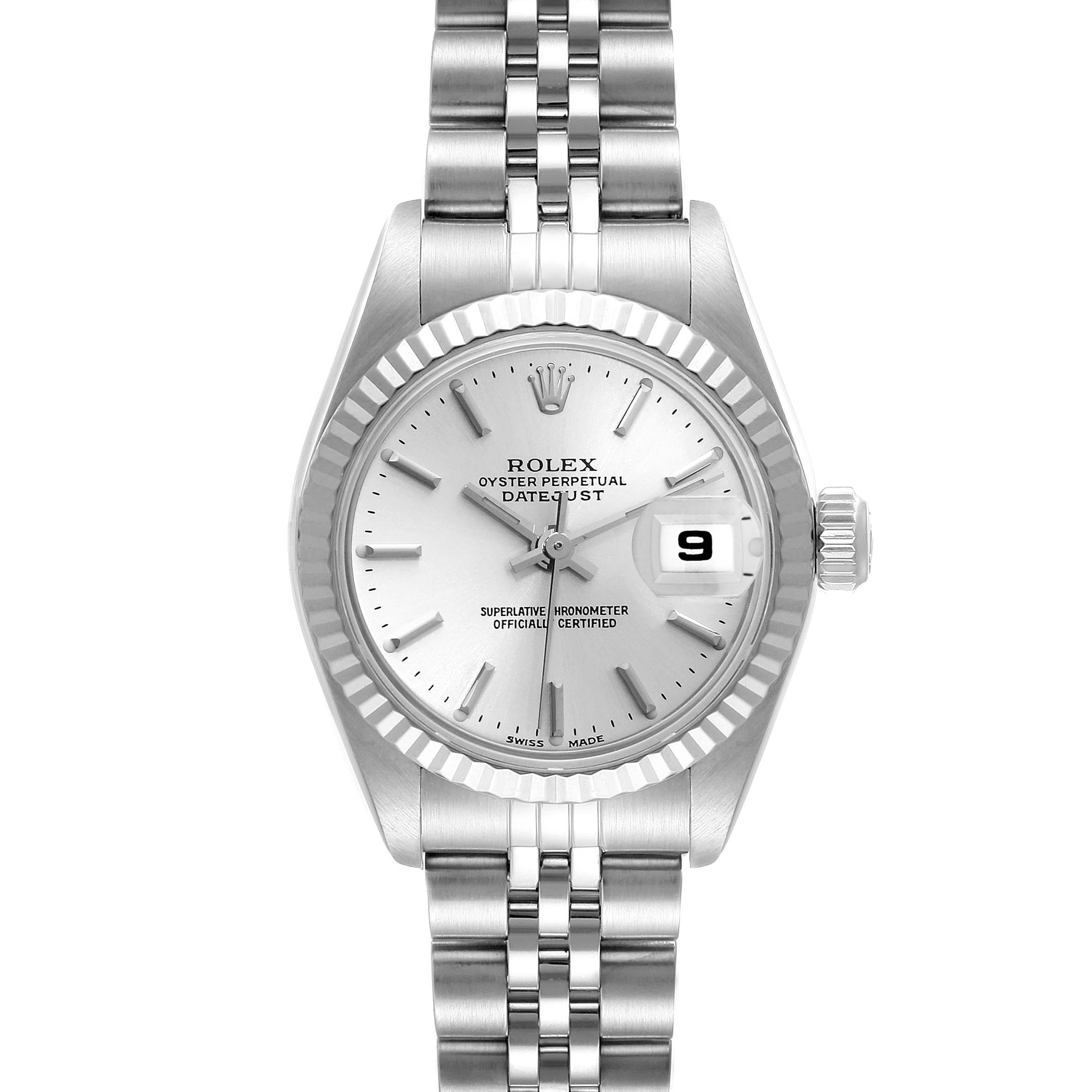 This image shows a front view of a Rolex Datejust 79174 Women's Stainless Steel Silver Dial 79174 Women's Stainless Steel Silver Dial watch, highlighting its dial, bezel, and bracelet.