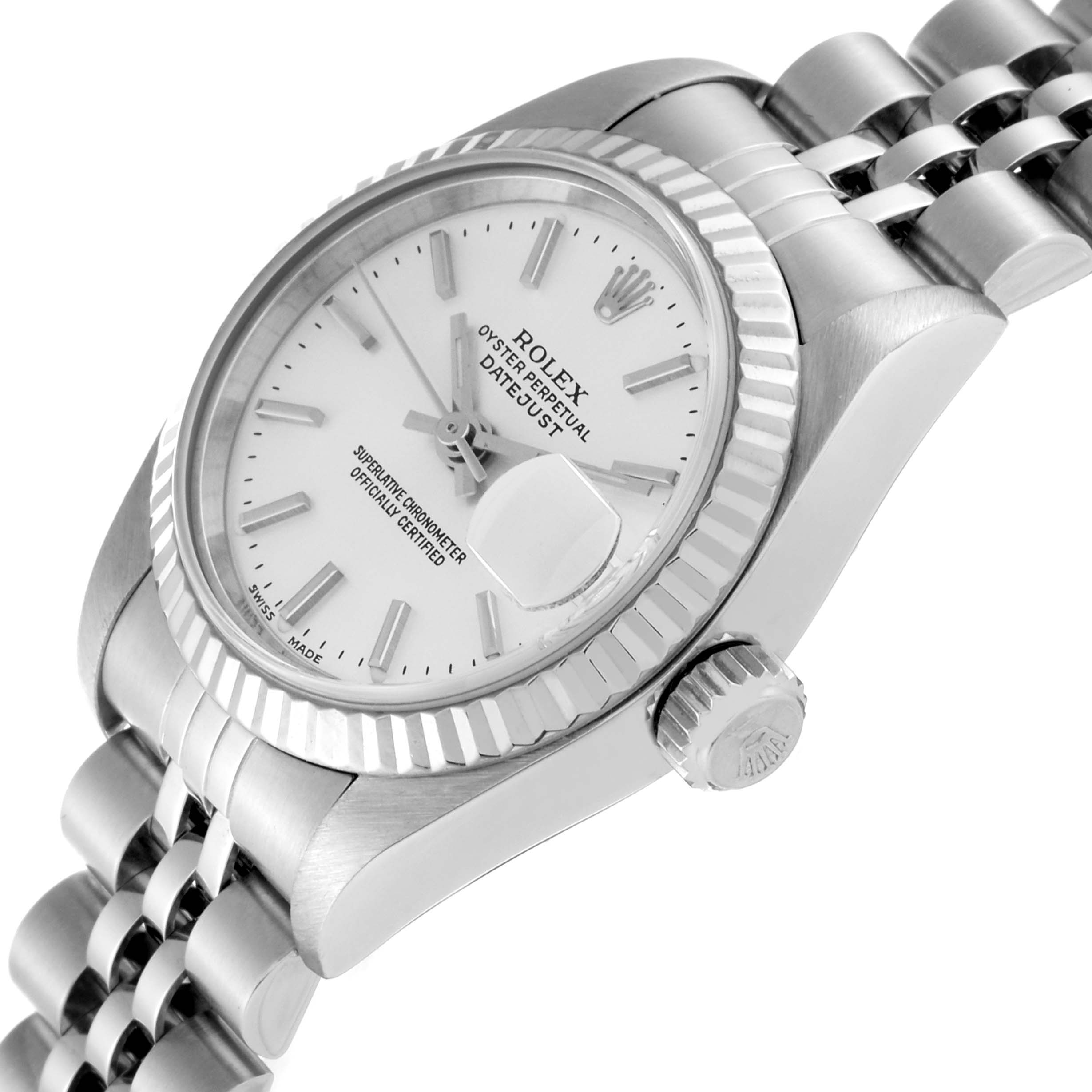 The image shows a close-up angle of a Rolex Datejust 79174 Women's Stainless Steel Silver Dial 79174 Women's Stainless Steel Silver Dial watch, highlighting the face, bezel, crown, and part of the bracelet.