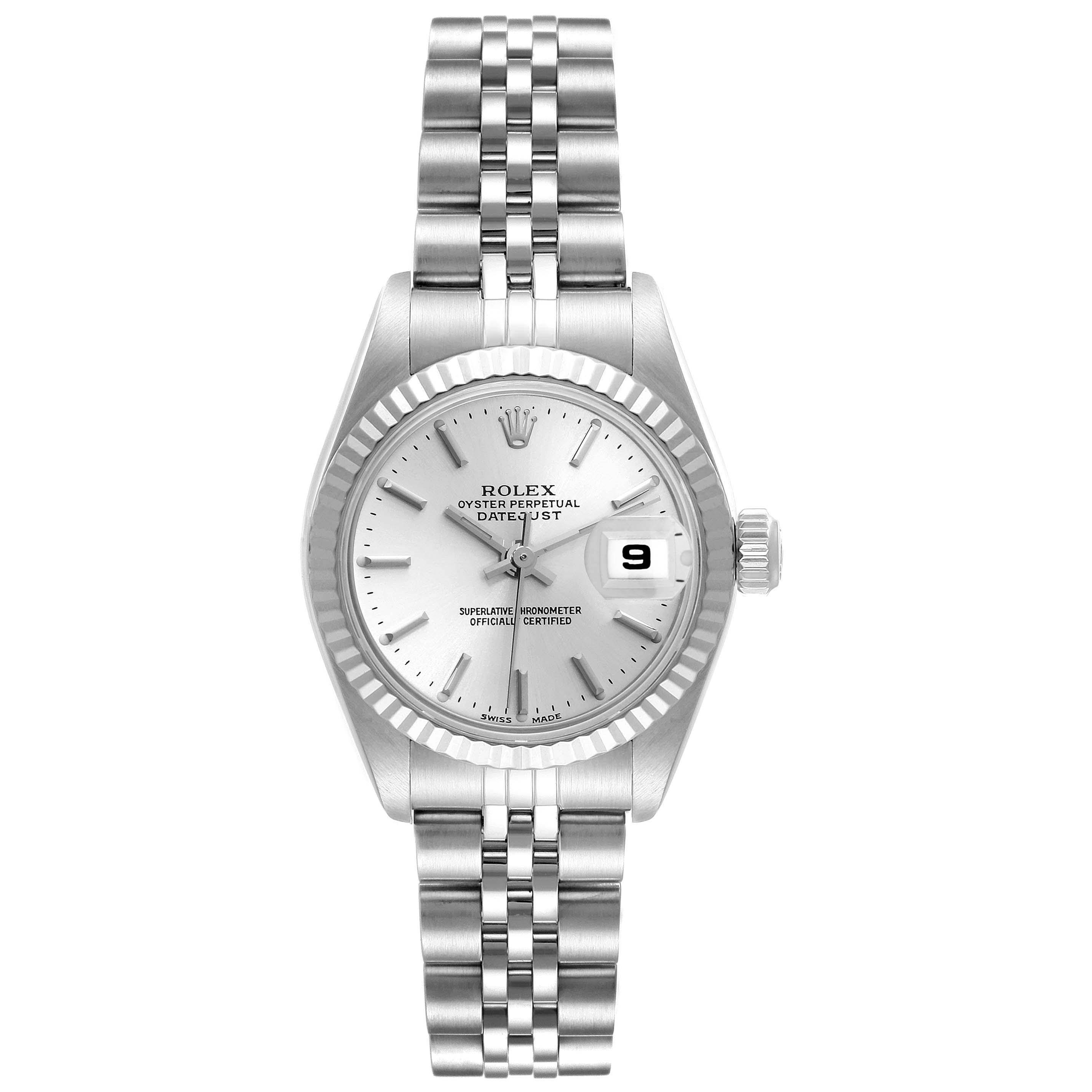 This image shows a frontal view of a Rolex Datejust 79174 Women's Stainless Steel Silver Dial 79174 Women's Stainless Steel Silver Dial watch, including the dial, bezel, and bracelet.