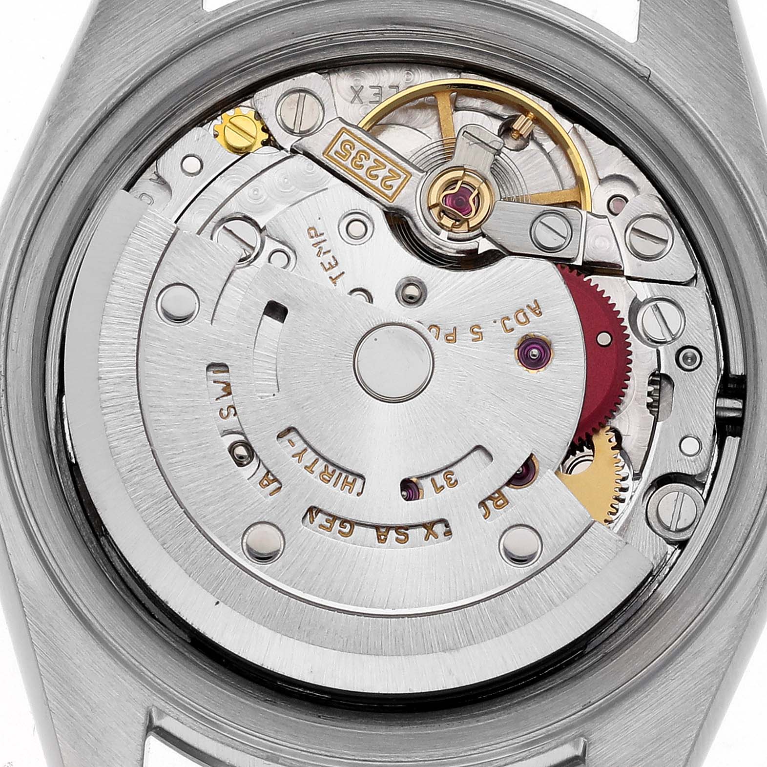 This image shows the movement and inner mechanics of the Rolex Datejust 79174 Women's Stainless Steel Silver Dial 79174 Women's Stainless Steel Silver Dial watch from a top-down view.