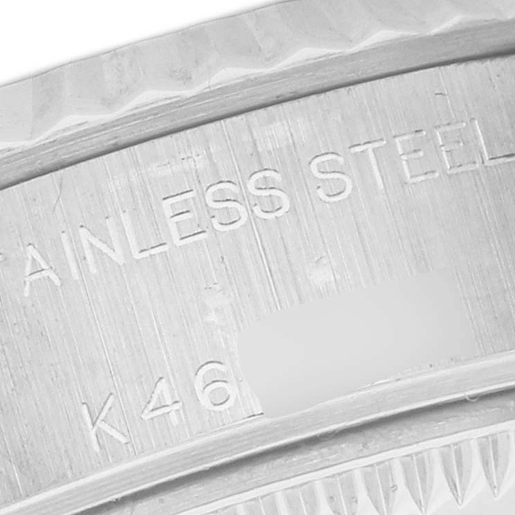 This is a close-up angle showing the stainless steel part and engraved details of a Rolex Datejust 79174 Women's Stainless Steel Silver Dial 79174 Women's Stainless Steel Silver Dial model.