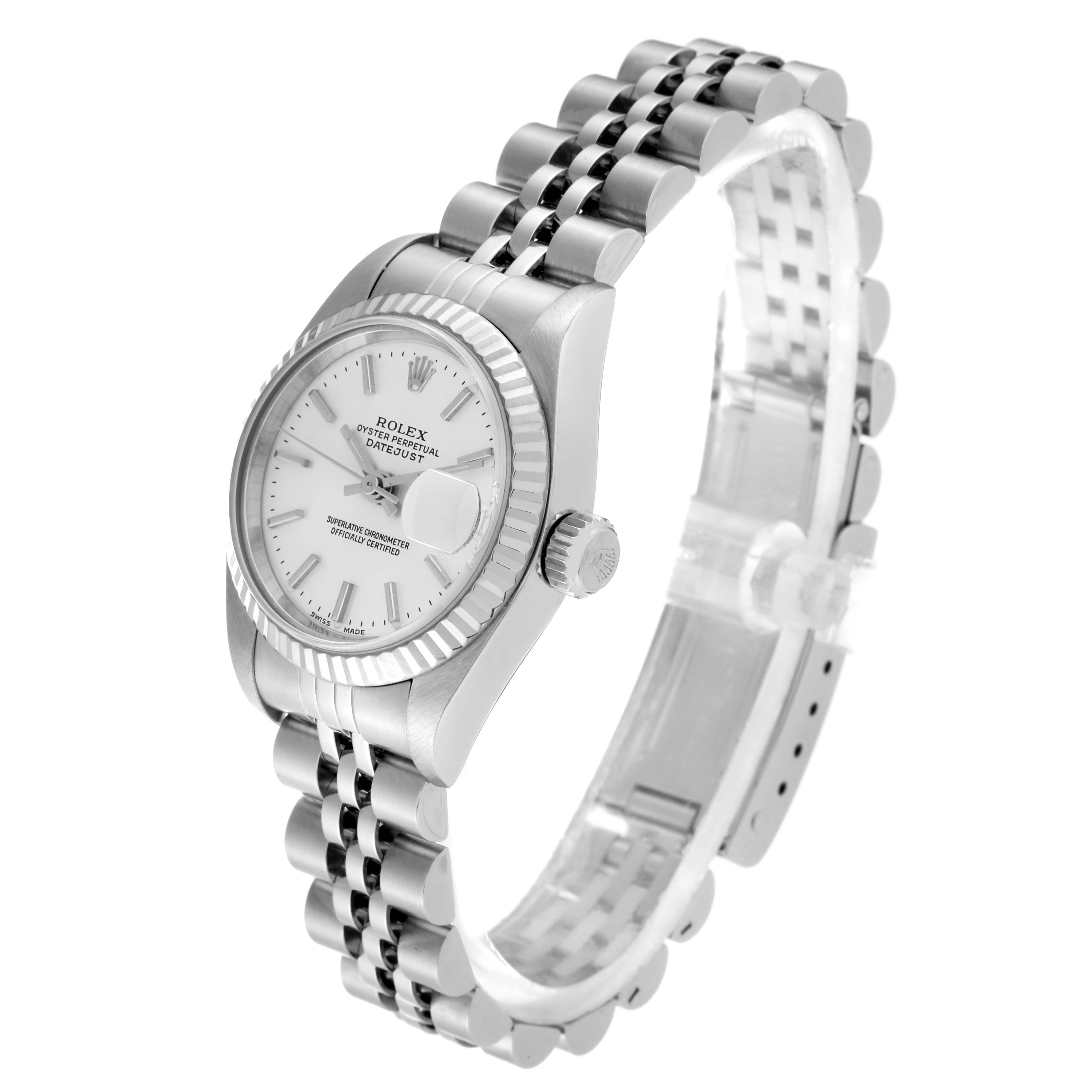 The image shows a Rolex Datejust 79174 Women's Stainless Steel Silver Dial 79174 Women's Stainless Steel Silver Dial watch at a three-quarter angle, highlighting its face, crown, and Jubilee bracelet.
