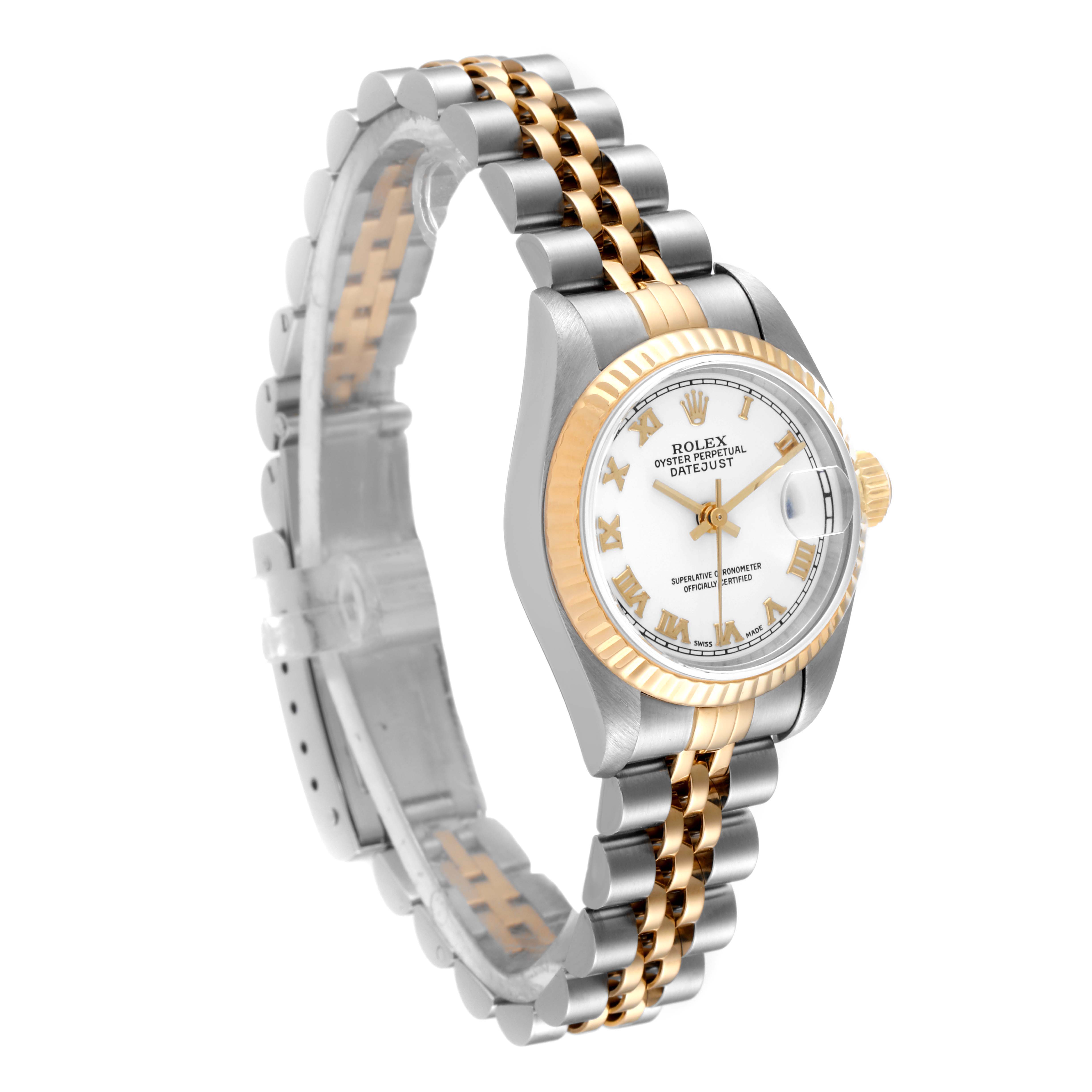 The image shows a Rolex Datejust 79173 Women's Steel and Gold (two tone) White Dial 79173 Women's Steel and Gold (two tone) White Dial watch at a three-quarter angle focusing on its dial, bezel, and two-tone bracelet.