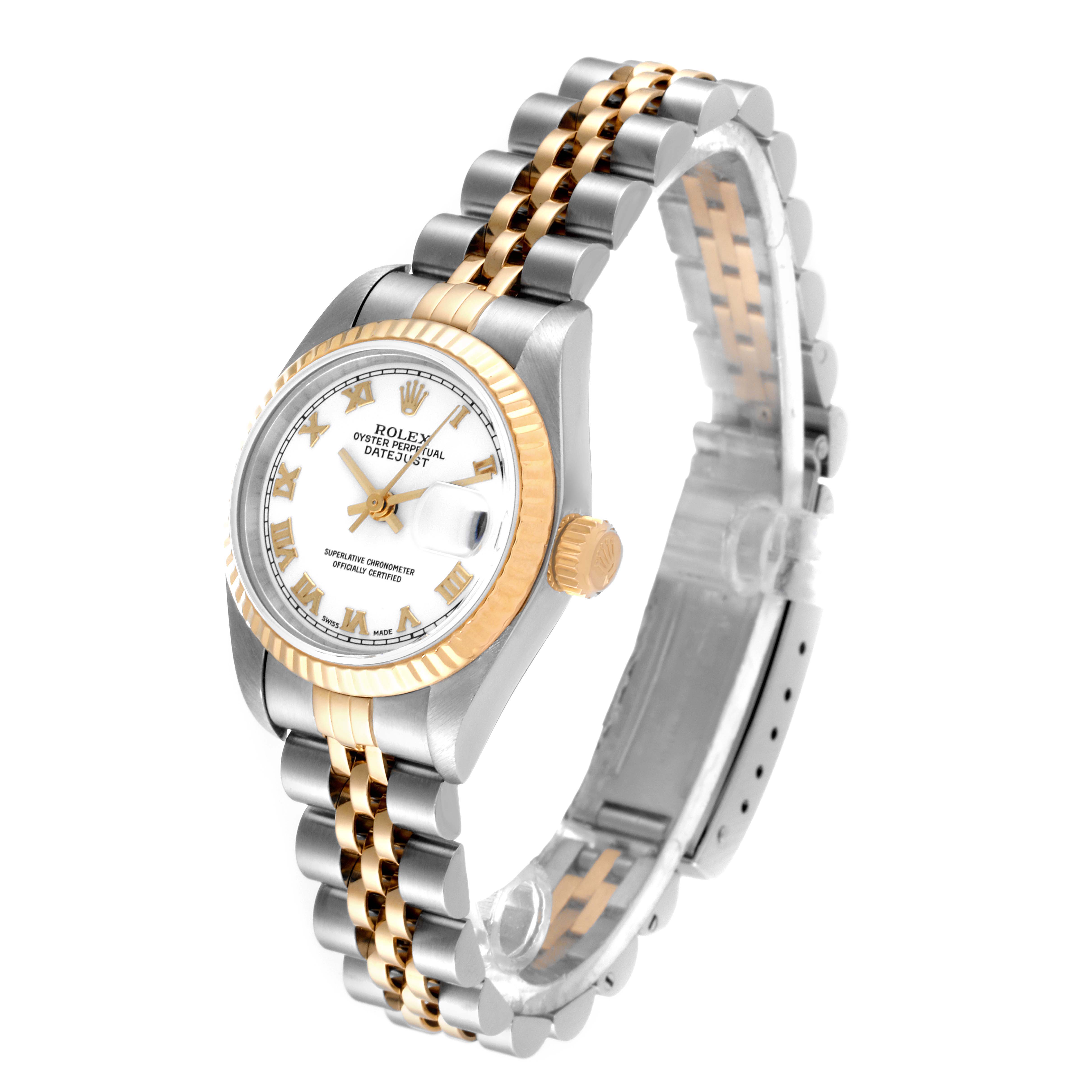 The Rolex Datejust 79173 Women's Steel and Gold (two tone) White Dial 79173 Women's Steel and Gold (two tone) White Dial watch is shown at an angle highlighting the dial, bezel, crown, and two-tone bracelet.