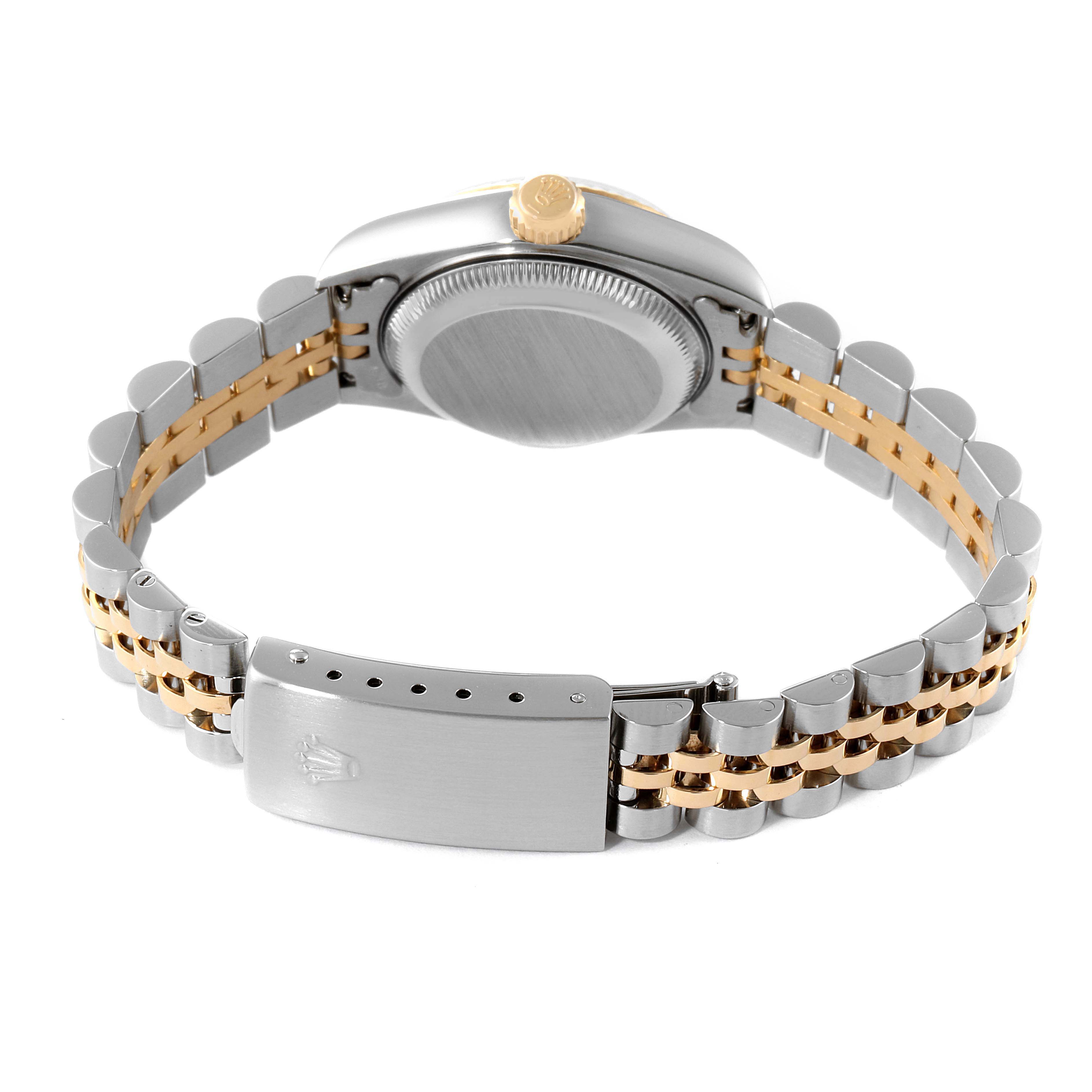 The image shows the back view of a Rolex Datejust 79173 Women's Steel and Gold (two tone) White Dial 79173 Women's Steel and Gold (two tone) White Dial watch, highlighting the case back, crown, and two-tone bracelet with the clasp.