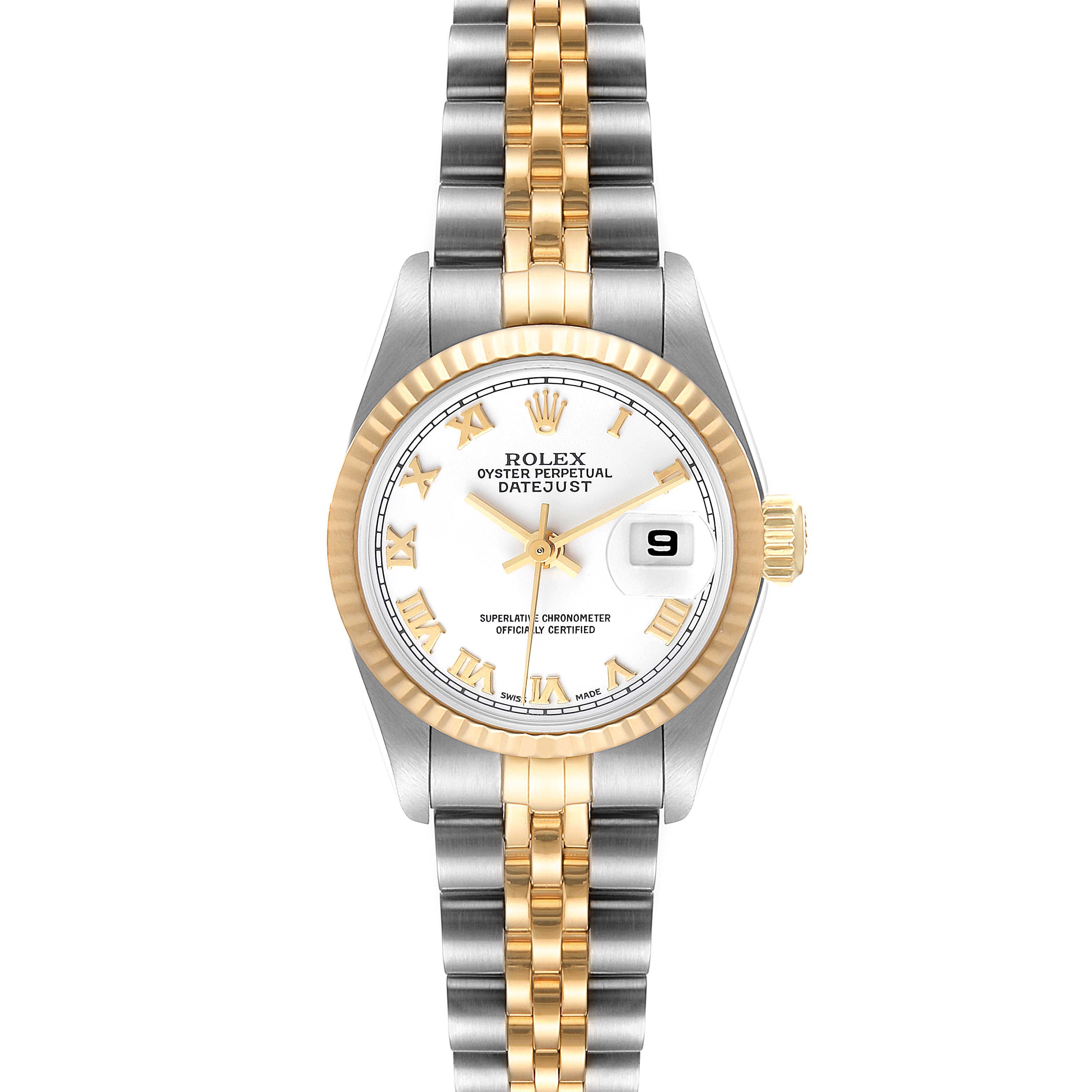 The Rolex Datejust 79173 Women's Steel and Gold (two tone) White Dial 79173 Women's Steel and Gold (two tone) White Dial watch is shown from a front angle, displaying the face, bezel, crown, and bracelet.
