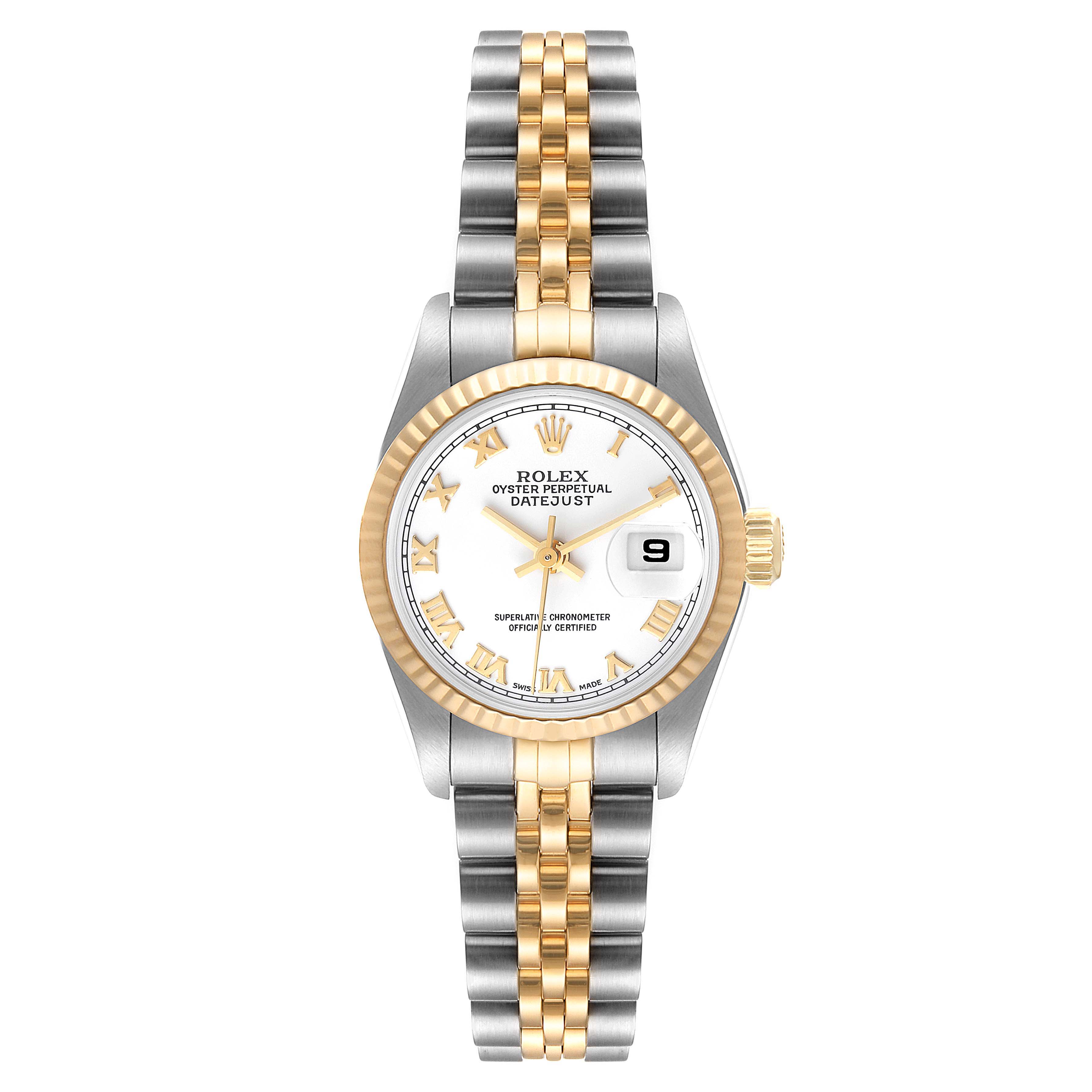 This image shows a Rolex Datejust 79173 Women's Steel and Gold (two tone) White Dial 79173 Women's Steel and Gold (two tone) White Dial watch from a top-down angle, highlighting the face, bezel, and two-tone bracelet.