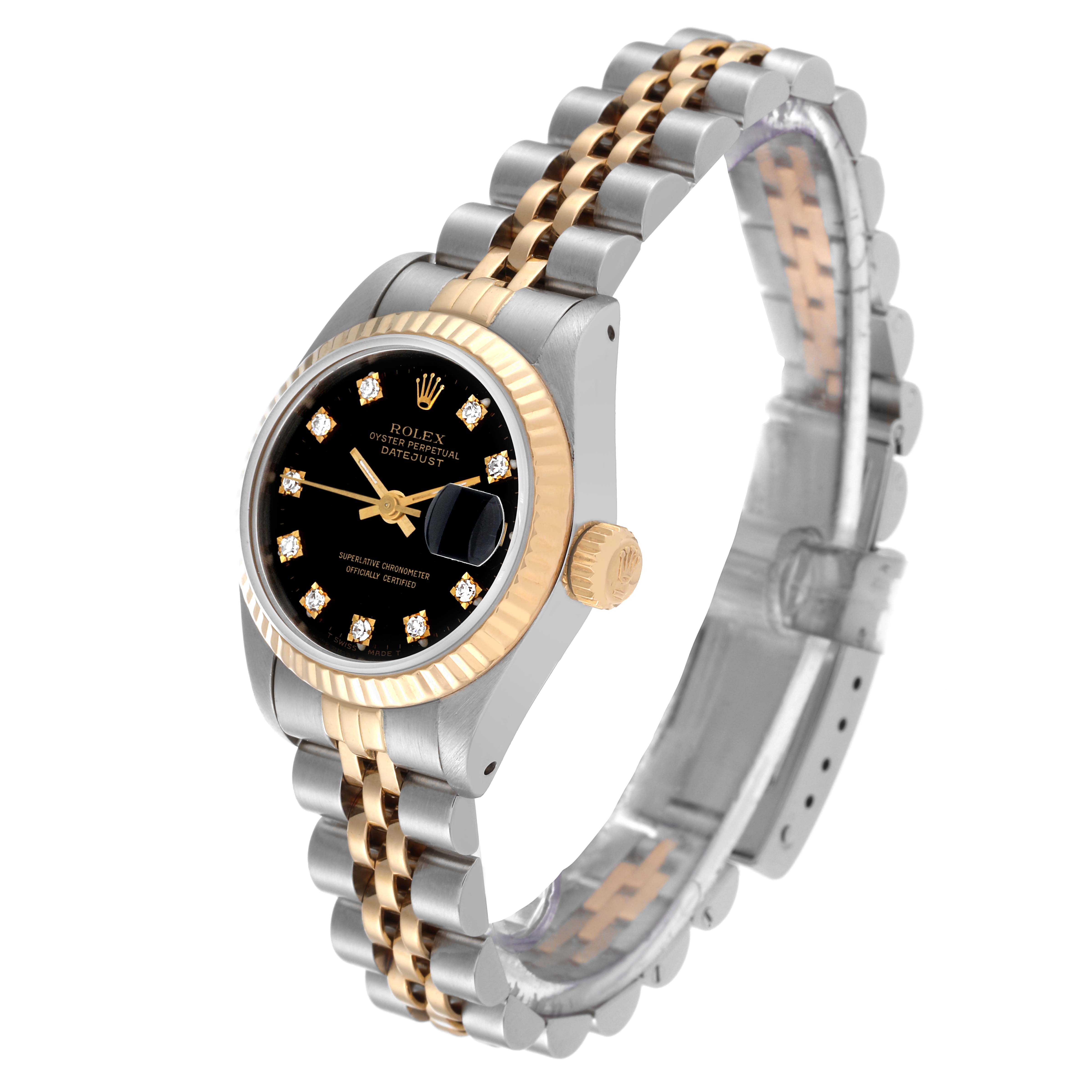 The image shows a side and front view of a Rolex Datejust 69173 Women's Steel and Gold (two tone) Black Dial 69173 Women's Steel and Gold (two tone) Black Dial, highlighting the watch face, bezel, crown, and two-tone bracelet.
