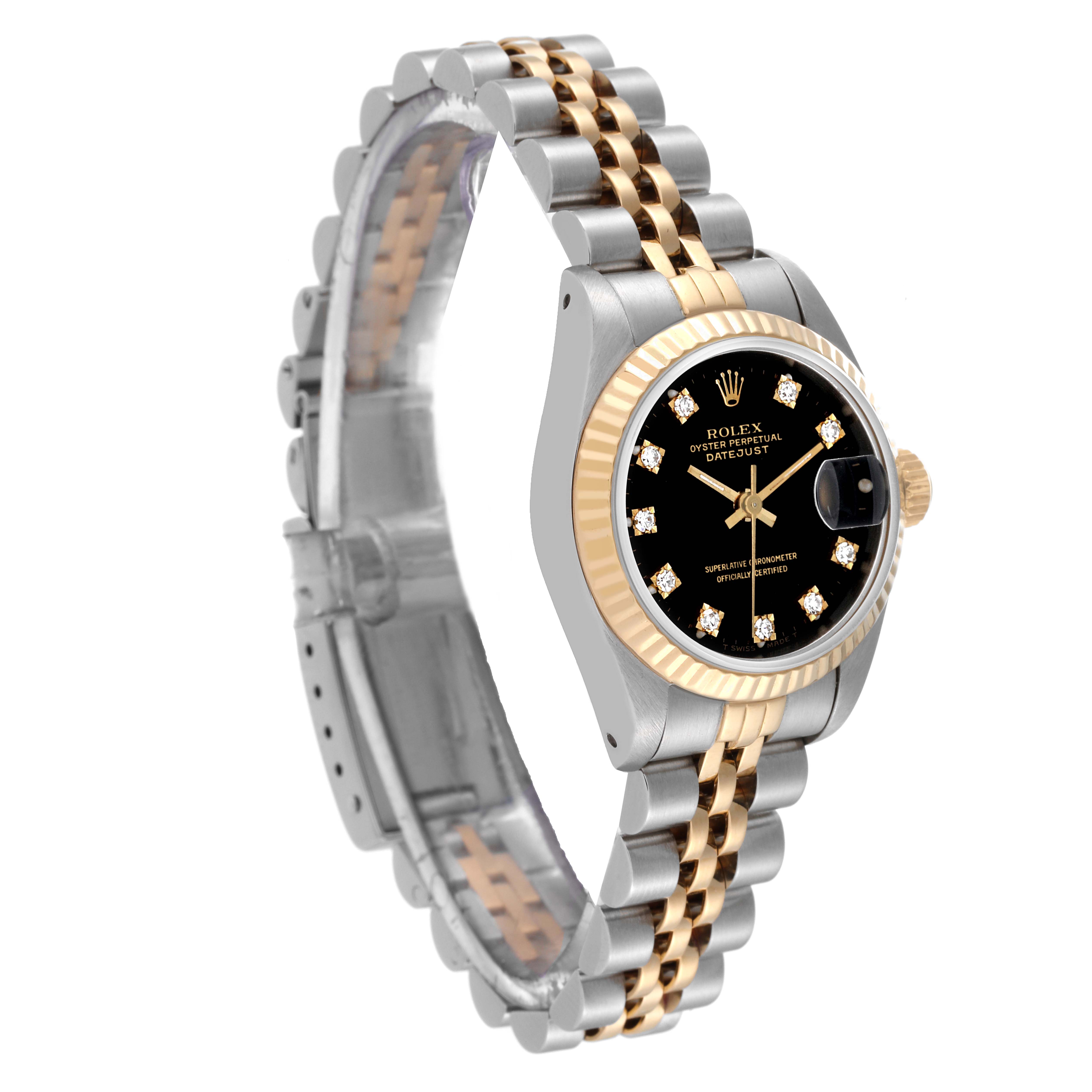 The image shows a Rolex Datejust 69173 Women's Steel and Gold (two tone) Black Dial 69173 Women's Steel and Gold (two tone) Black Dial watch at an angled side view, featuring its bracelet, bezel, and dial.