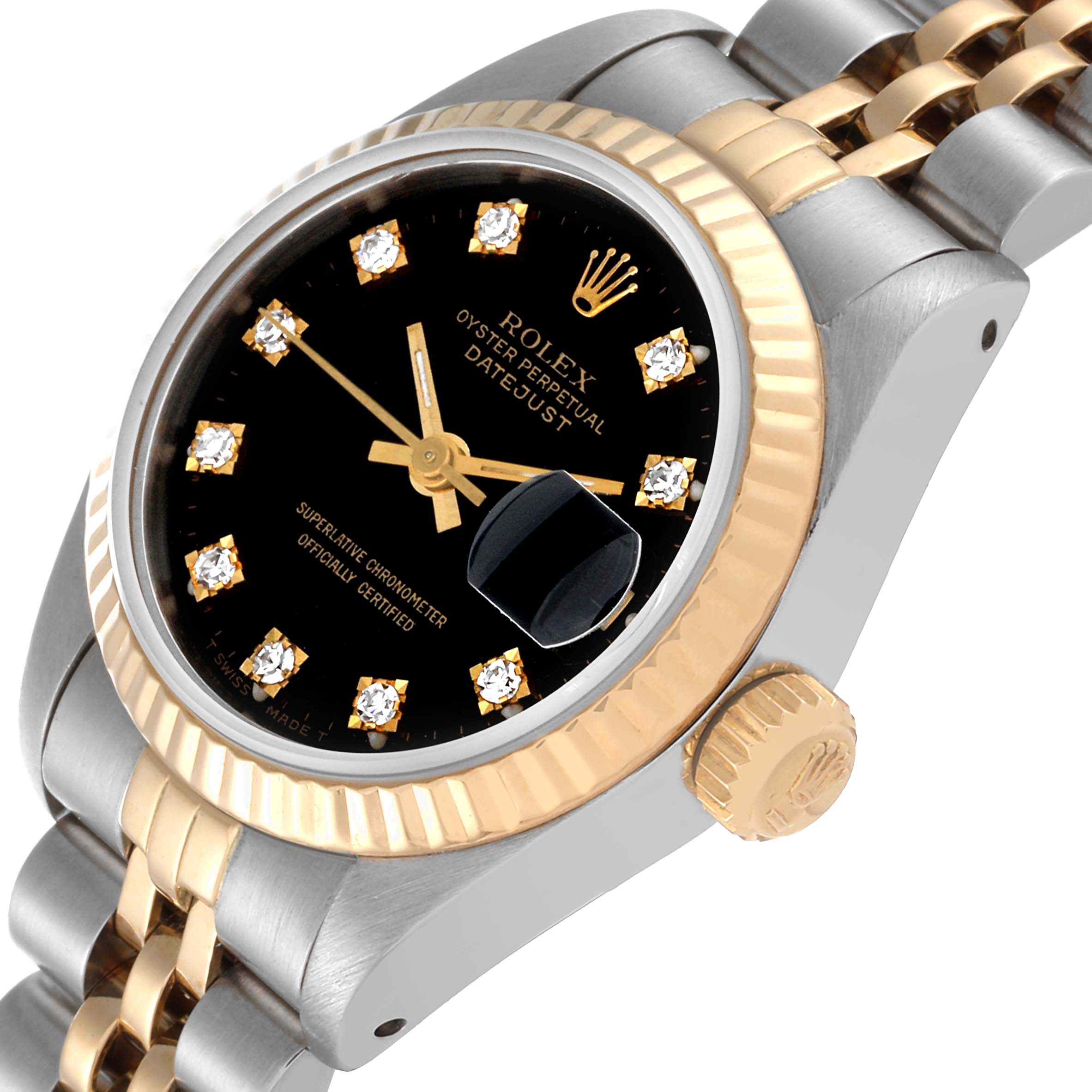 The Rolex Datejust 69173 Women's Steel and Gold (two tone) Black Dial 69173 Women's Steel and Gold (two tone) Black Dial watch is shown from a slight side angle, highlighting the bezel, dial, crown, and part of the bracelet.