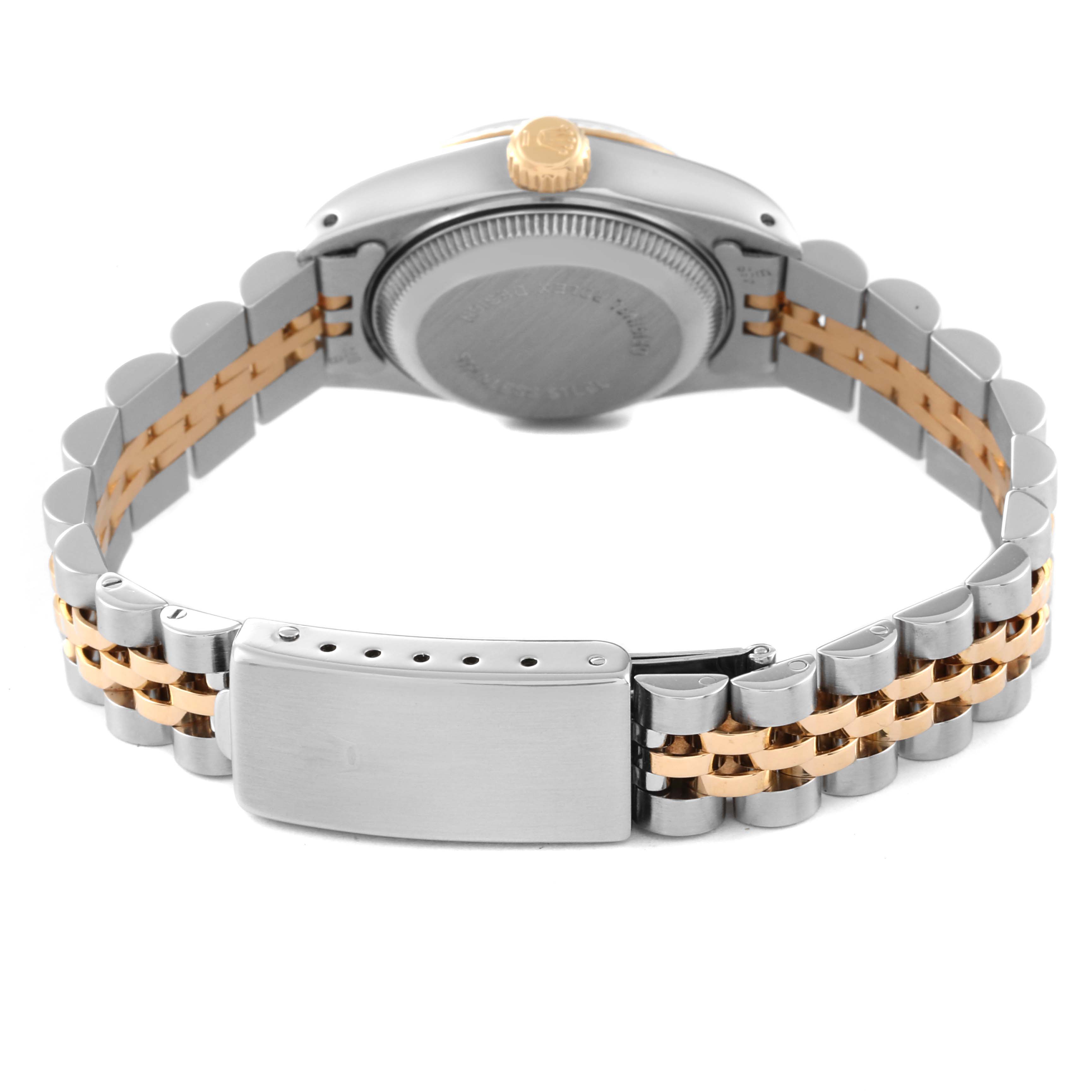 This image shows the back view of the Rolex Datejust 69173 Women's Steel and Gold (two tone) Black Dial 69173 Women's Steel and Gold (two tone) Black Dial watch, focusing on the bracelet and clasp.