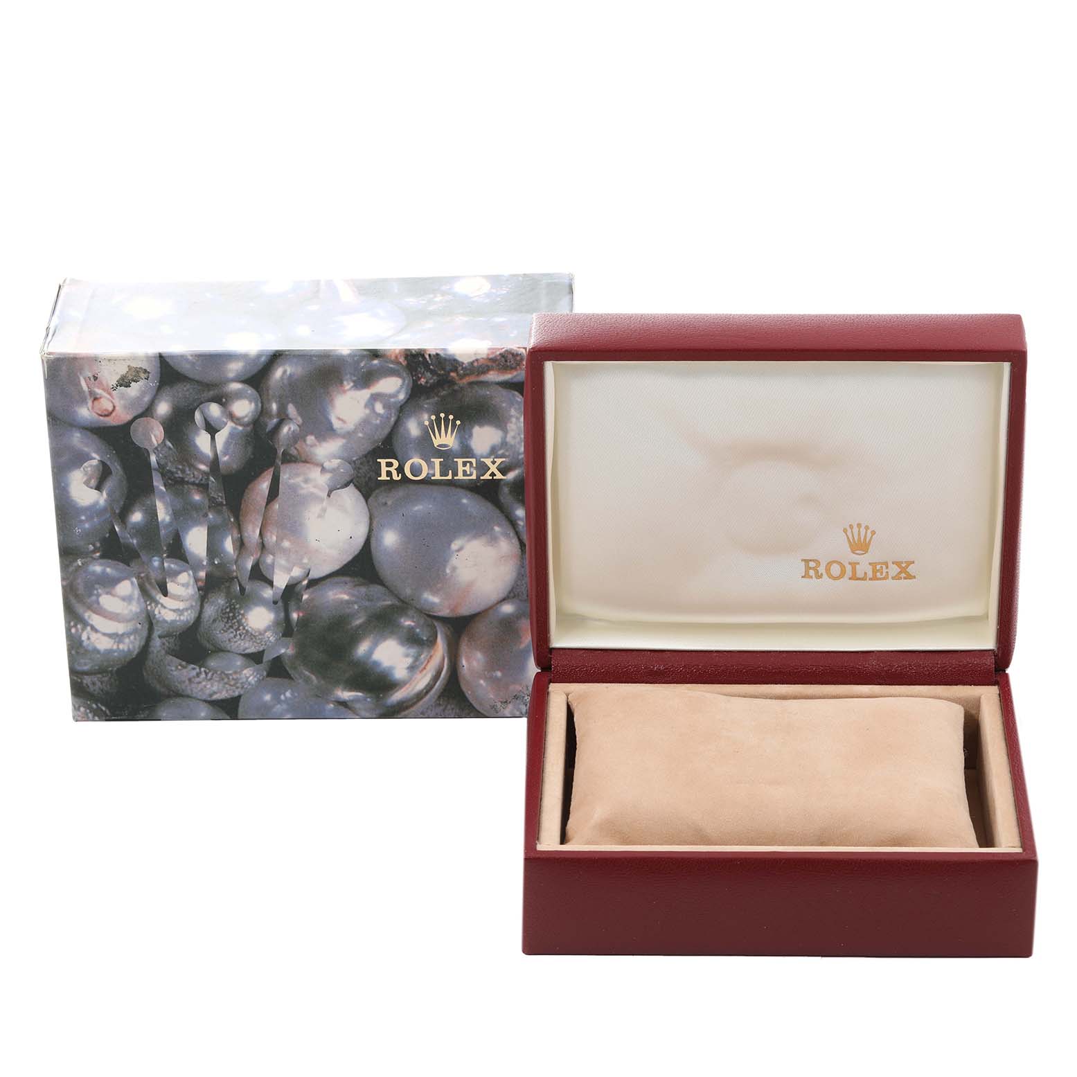 The image shows an empty Rolex Datejust 69173 Women's Steel and Gold (two tone) Black Dial 69173 Women's Steel and Gold (two tone) Black Dial watch box with its lid open and the original outer packaging beside it.