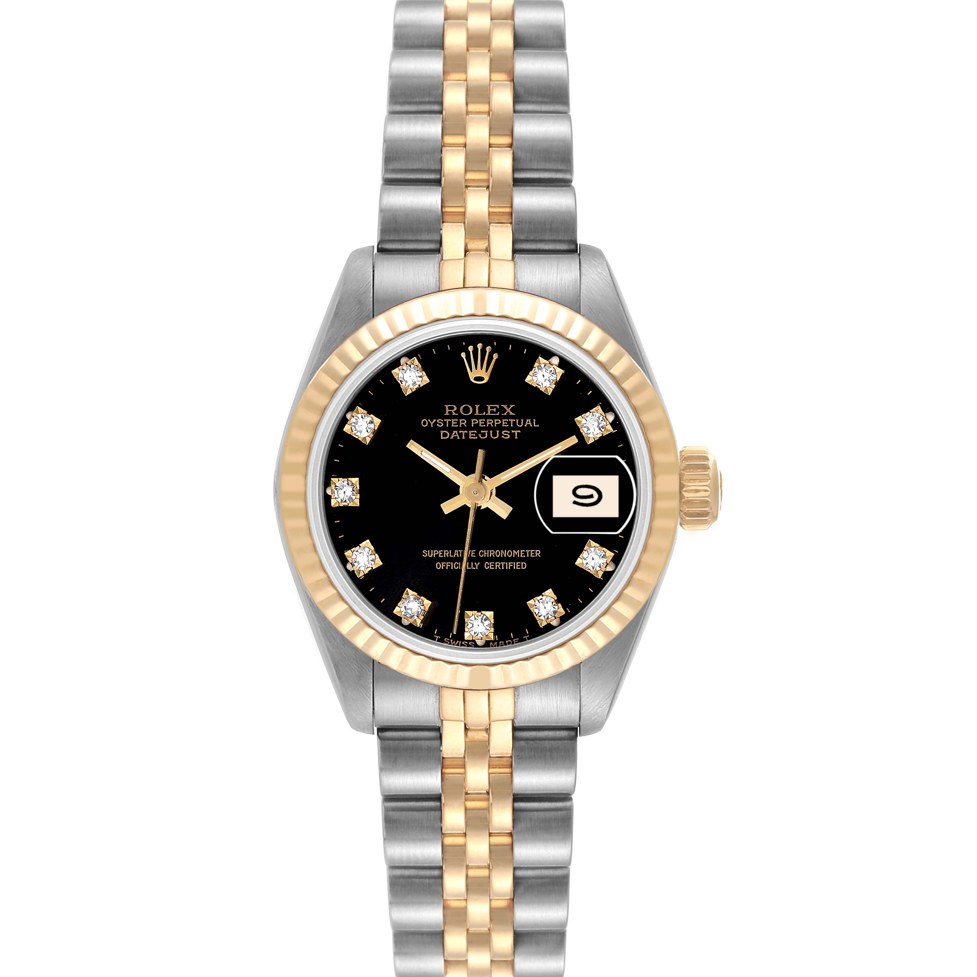 This image shows a frontal view of a Rolex Datejust 69173 Women's Steel and Gold (two tone) Black Dial 69173 Women's Steel and Gold (two tone) Black Dial watch featuring a black dial, diamond markers, and a two-tone metal bracelet.