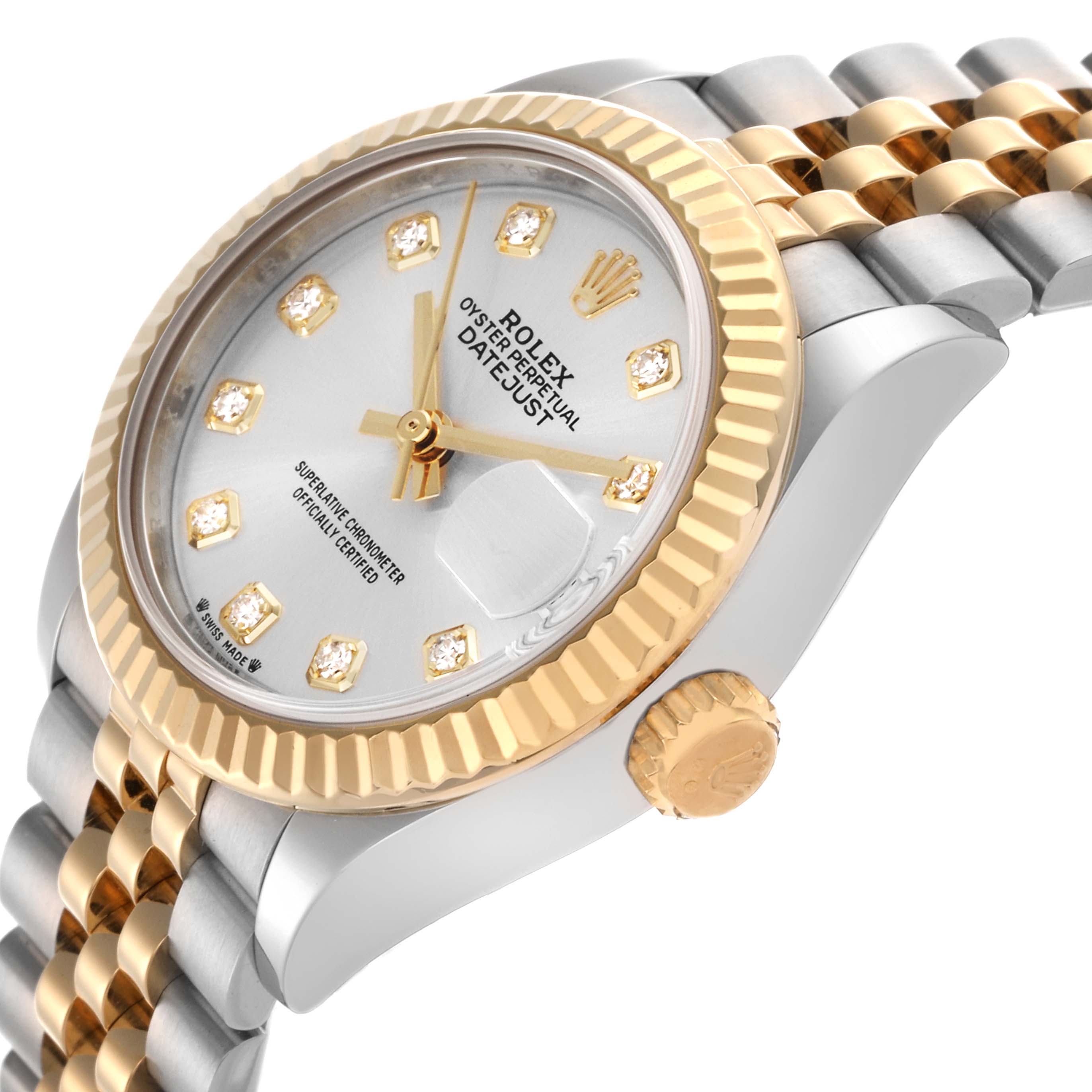The Rolex Datejust watch is shown from a slightly angled side view, highlighting the bezel, dial, crown, and bracelet.