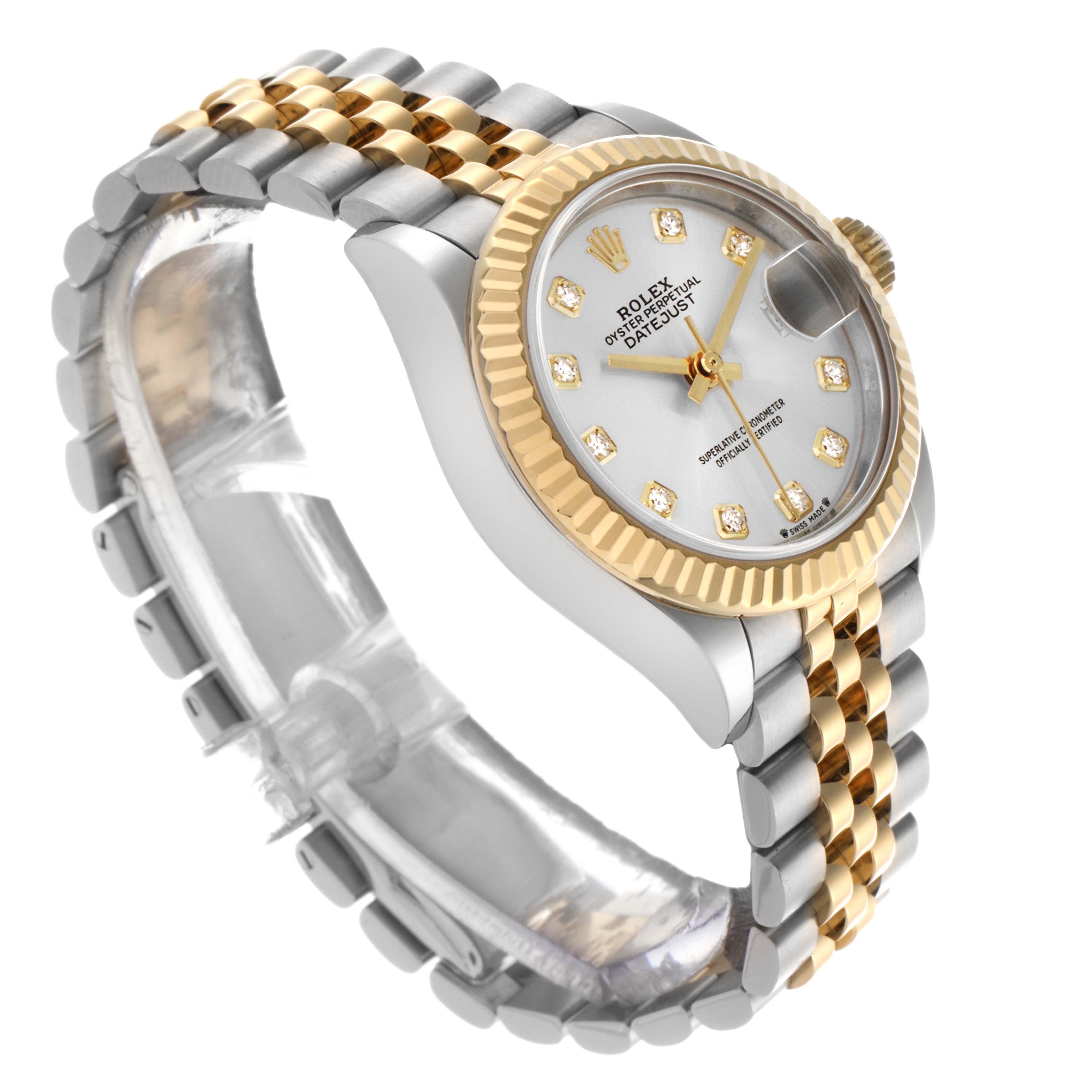 The Rolex Datejust watch is shown at a three-quarter angle, highlighting the face, bezel, and Jubilee bracelet.