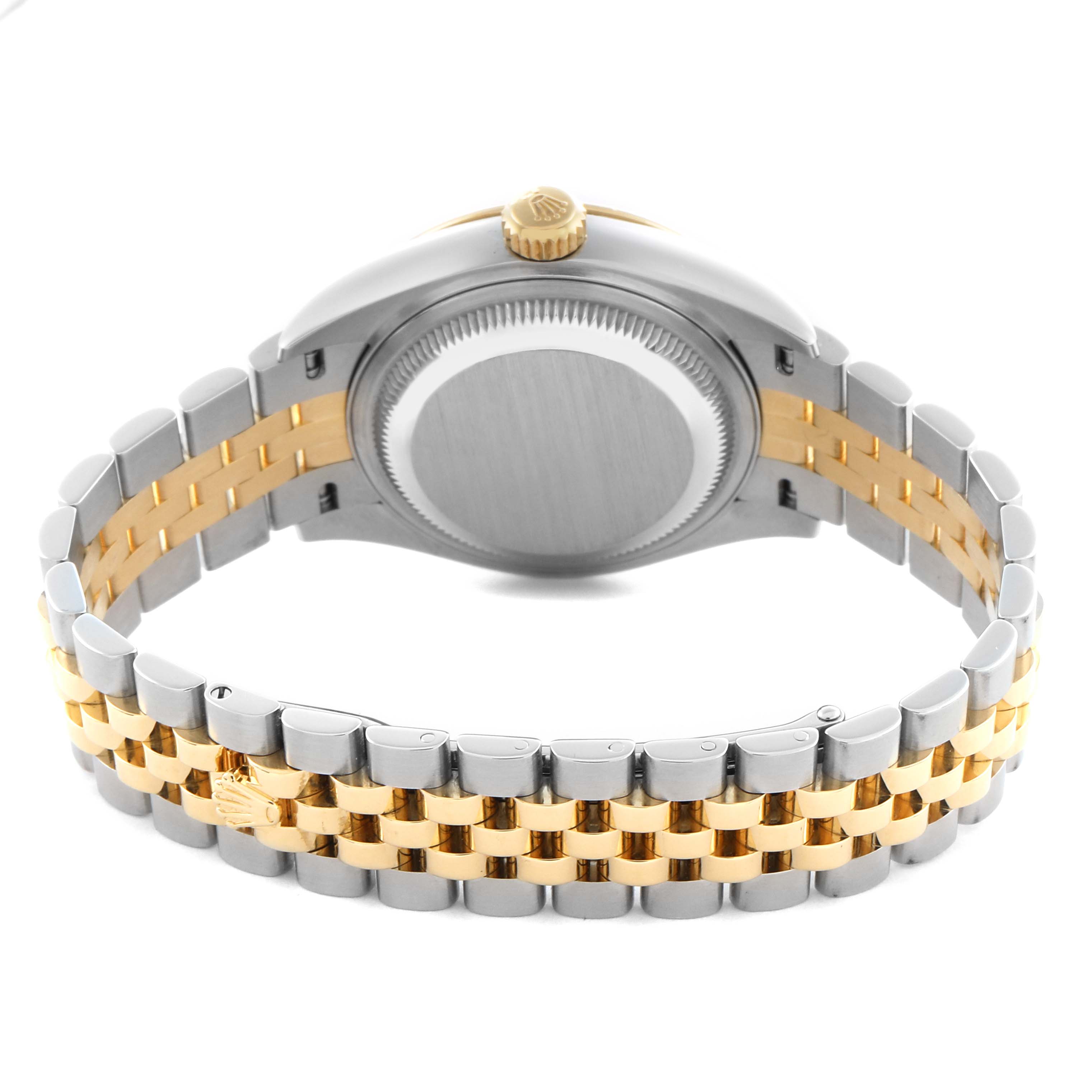 The Rolex Datejust is shown from the back, highlighting the bracelet and case back with crown and logo visible.