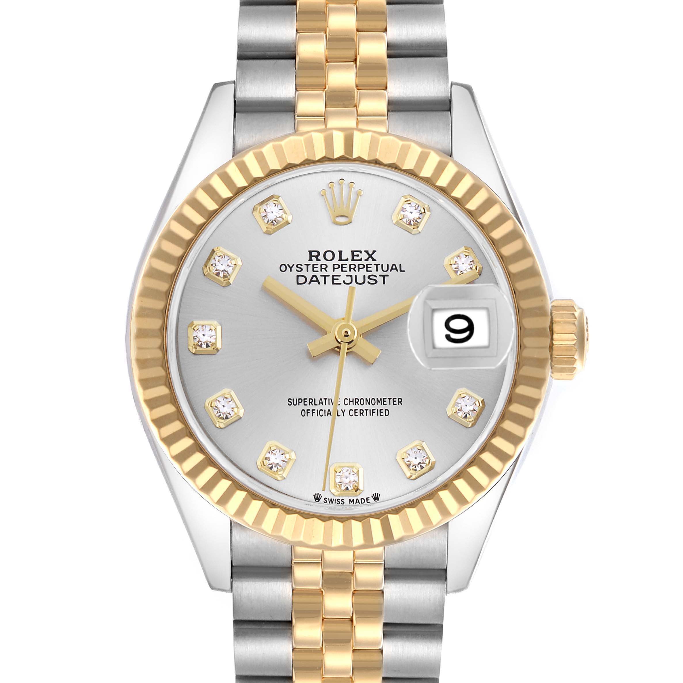 The Rolex Datejust watch is shown from a front angle, displaying the dial, gold bezel, diamond hour markers, and Jubilee bracelet.