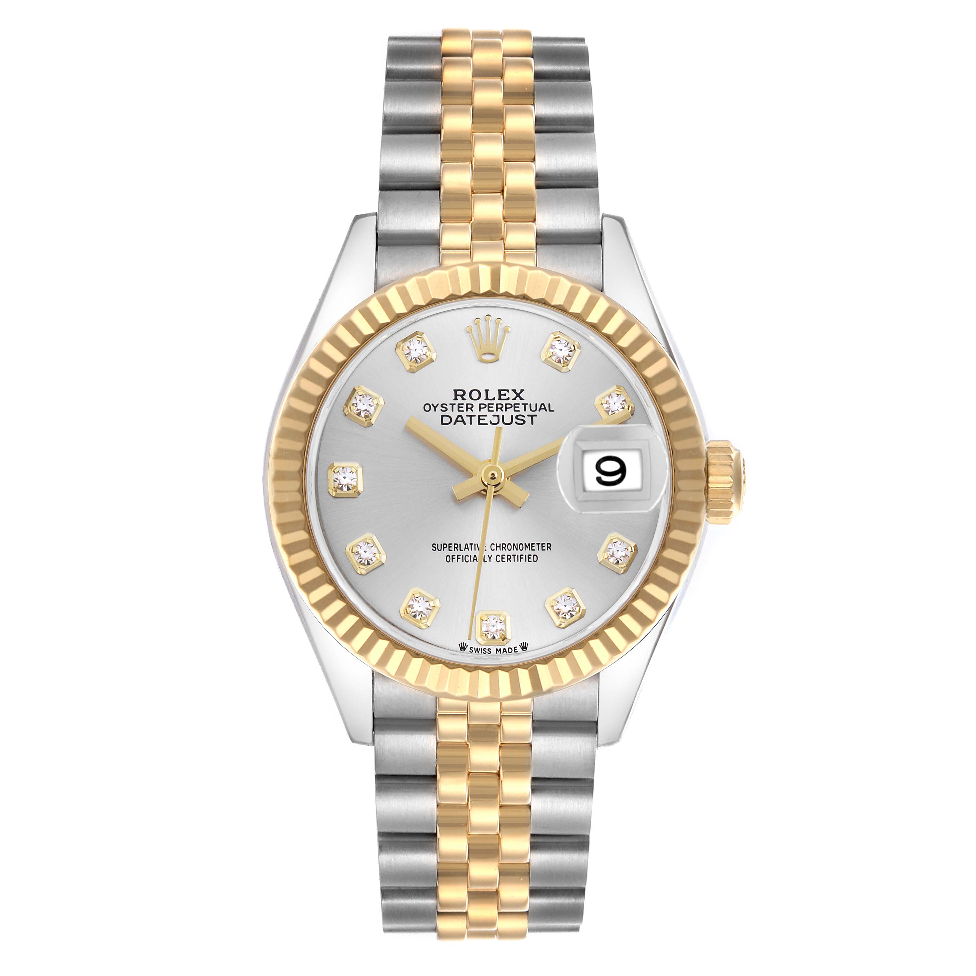 The Rolex Datejust watch is shown from a top-down angle, highlighting the dial, bezel, case, and two-tone bracelet.