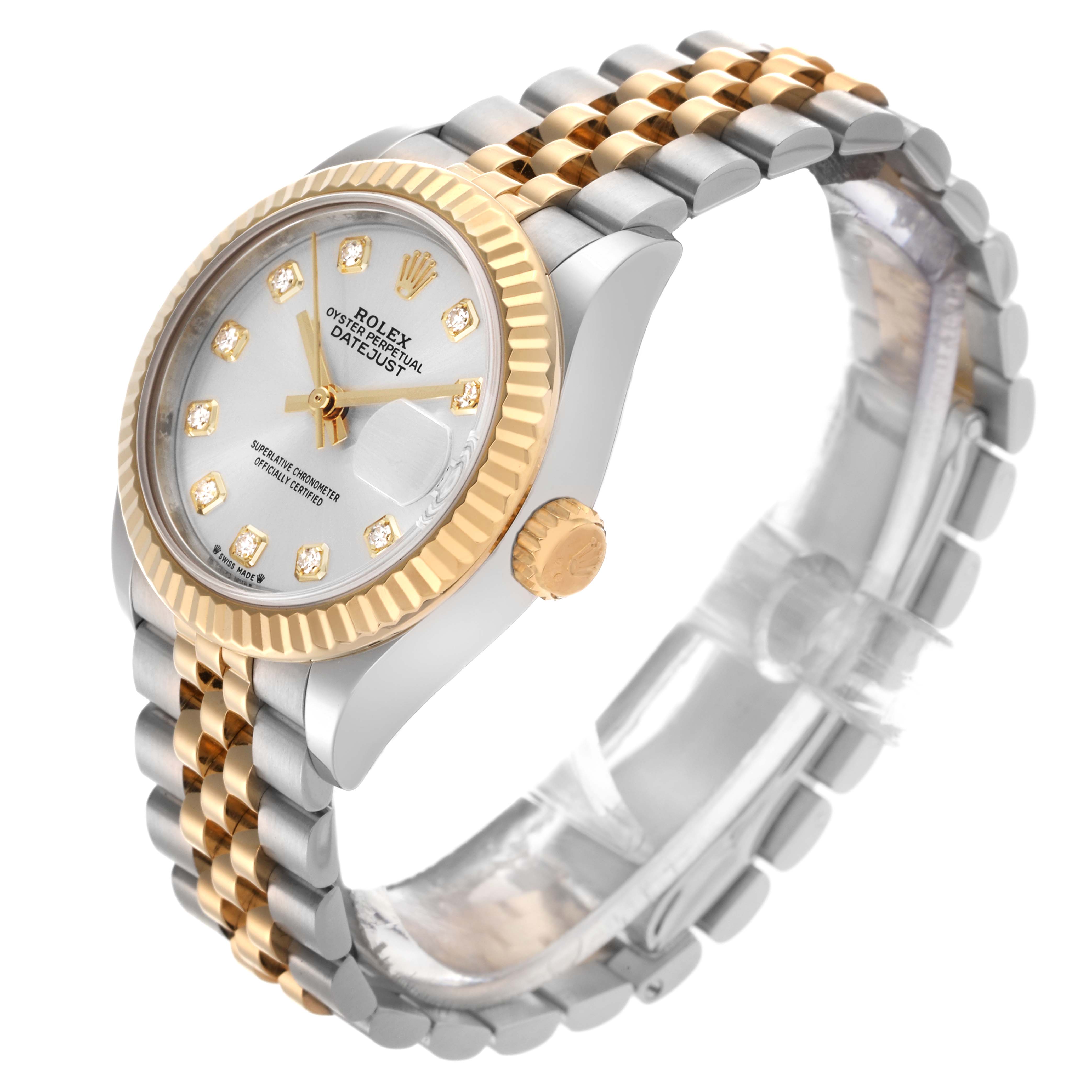 The Rolex Datejust watch is shown at an angled front view, highlighting the dial, bezel, crown, and part of the bracelet.
