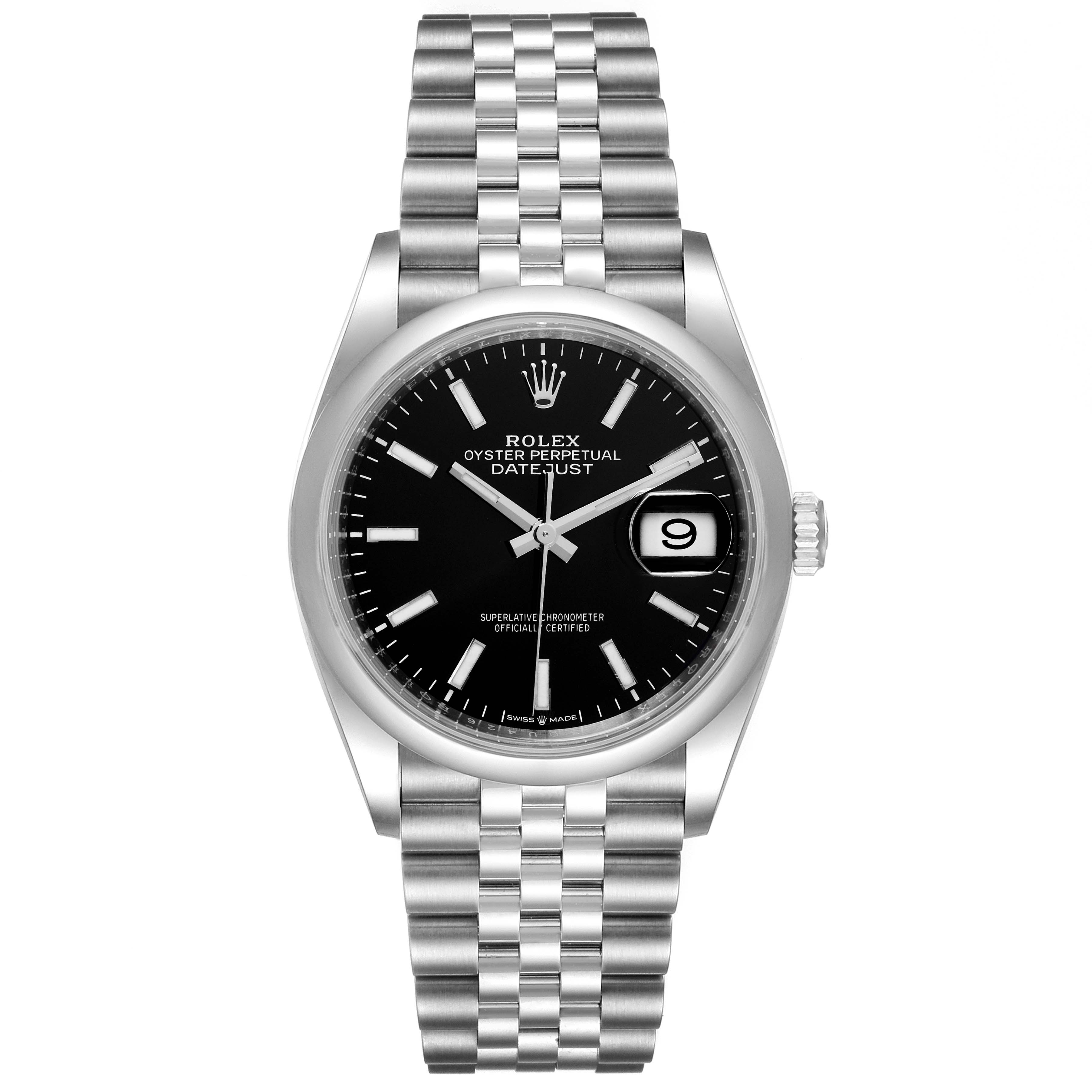 The image shows a front view of a Rolex Datejust 126200 Men
s Stainless Steel Black Dial 126200 Men
s Stainless Steel Black Dial watch, displaying the dial, hands, date window, and full bracelet.