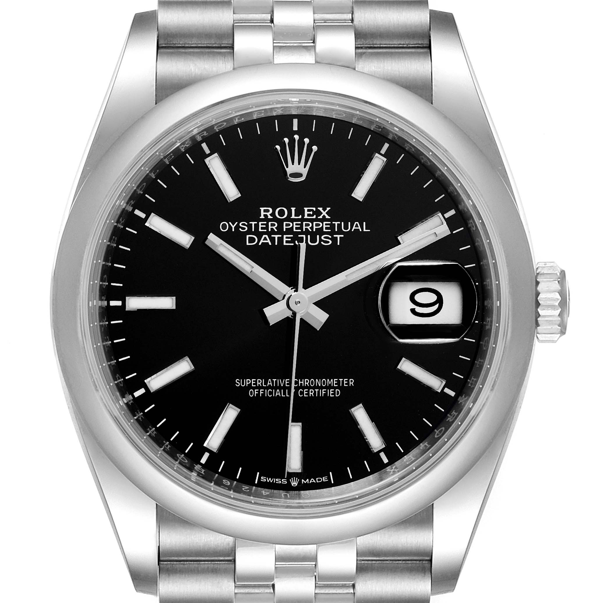 The image shows a front view of the Rolex Datejust 126200 Men
s Stainless Steel Black Dial 126200 Men
s Stainless Steel Black Dial watch, highlighting the dial, hour markers, hands, and date window.
