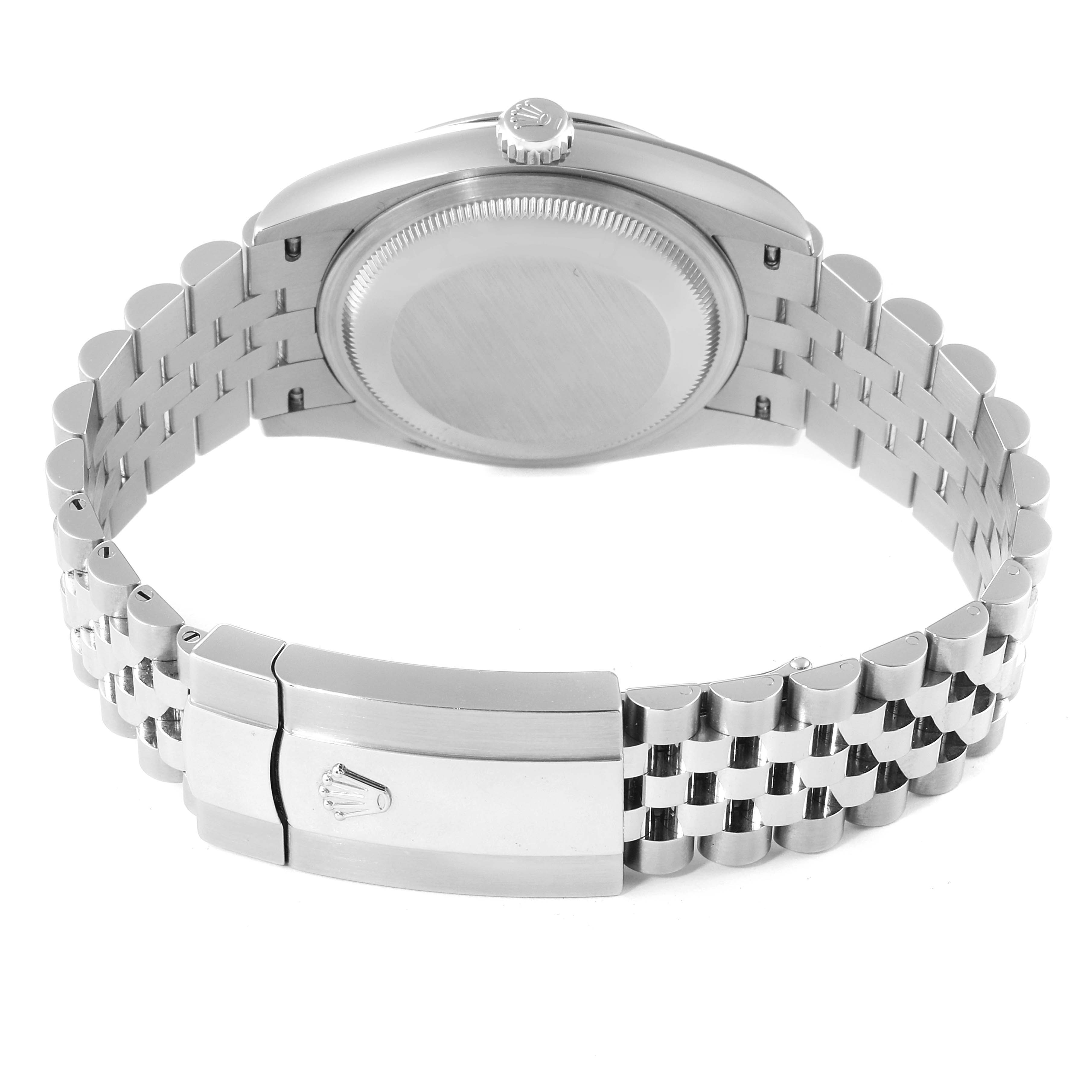 The image shows the back view of a Rolex Datejust 126200 Men
s Stainless Steel Black Dial 126200 Men
s Stainless Steel Black Dial watch, highlighting its bracelet and clasp.