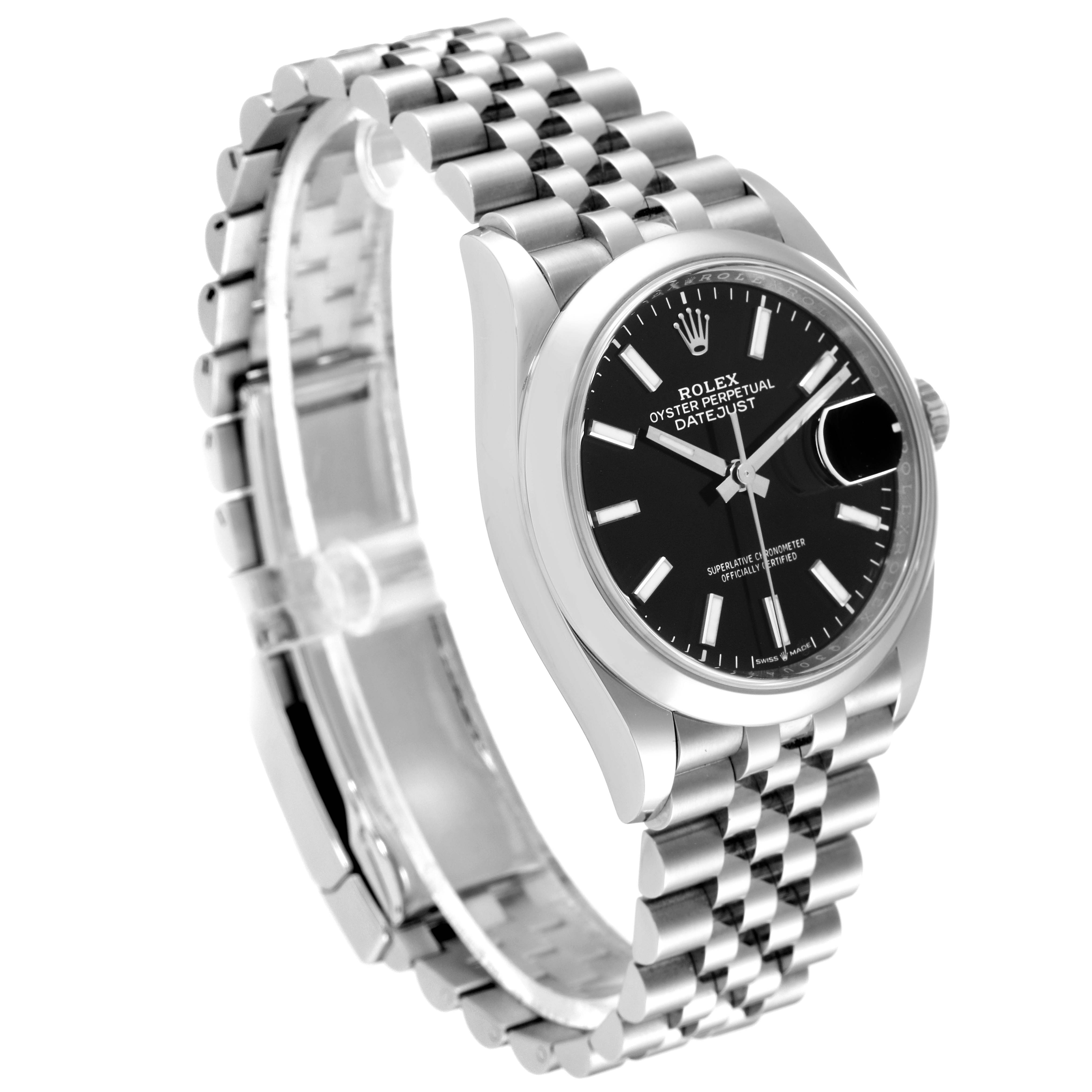 The Rolex Datejust 126200 Men
s Stainless Steel Black Dial 126200 Men
s Stainless Steel Black Dial watch is shown at a three-quarter angle, highlighting the black dial, jubilee bracelet, case, and cyclops lens.