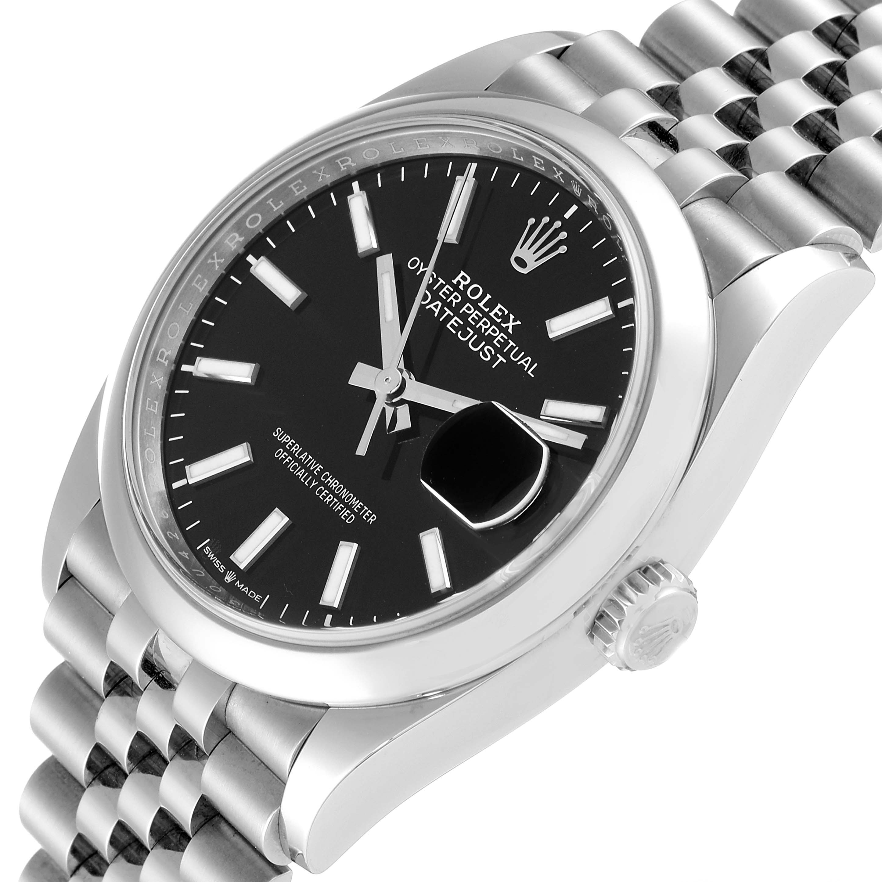 The image shows a close-up angle of the Rolex Datejust 126200 Men
s Stainless Steel Black Dial 126200 Men
s Stainless Steel Black Dial watch, highlighting its black dial, cyclops date lens, and Jubilee bracelet.