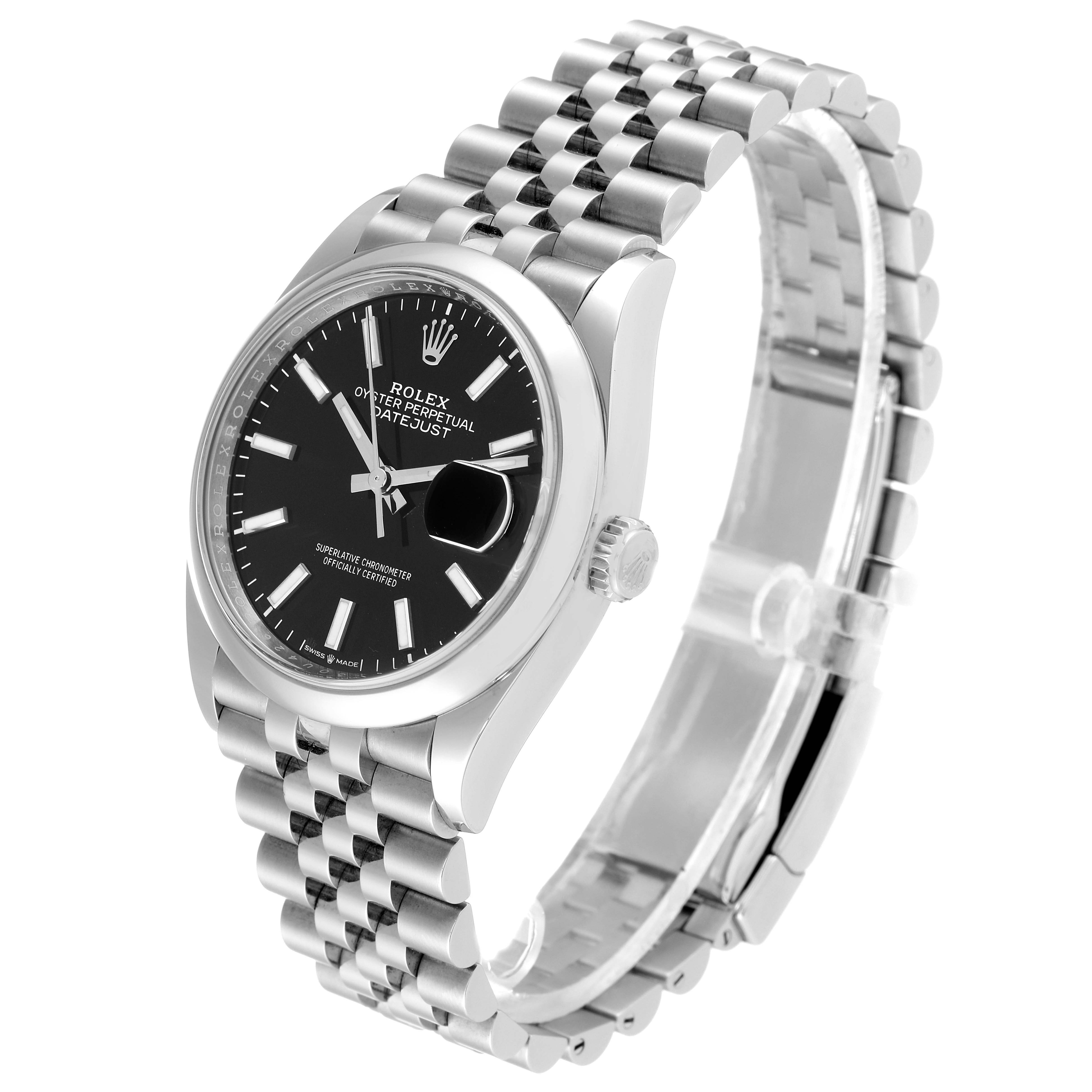 The image shows a Rolex Datejust 126200 Men
s Stainless Steel Black Dial 126200 Men
s Stainless Steel Black Dial watch at an oblique angle, displaying its dial, bezel, bracelet, and winding crown.