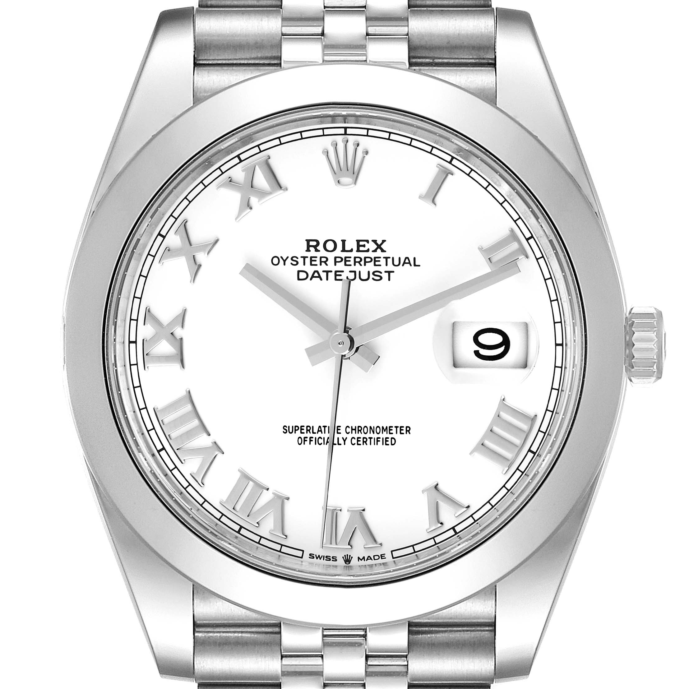 This image shows a front view of the Rolex Datejust 41 126300 Men's Stainless Steel White Dial 126300 Men's Stainless Steel White Dial watch with a white dial and Roman numerals.